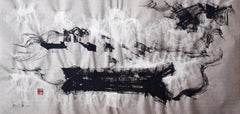 The Pebble Boat, Abstract Art Ink Painting Paper Expressionist Landscape Black