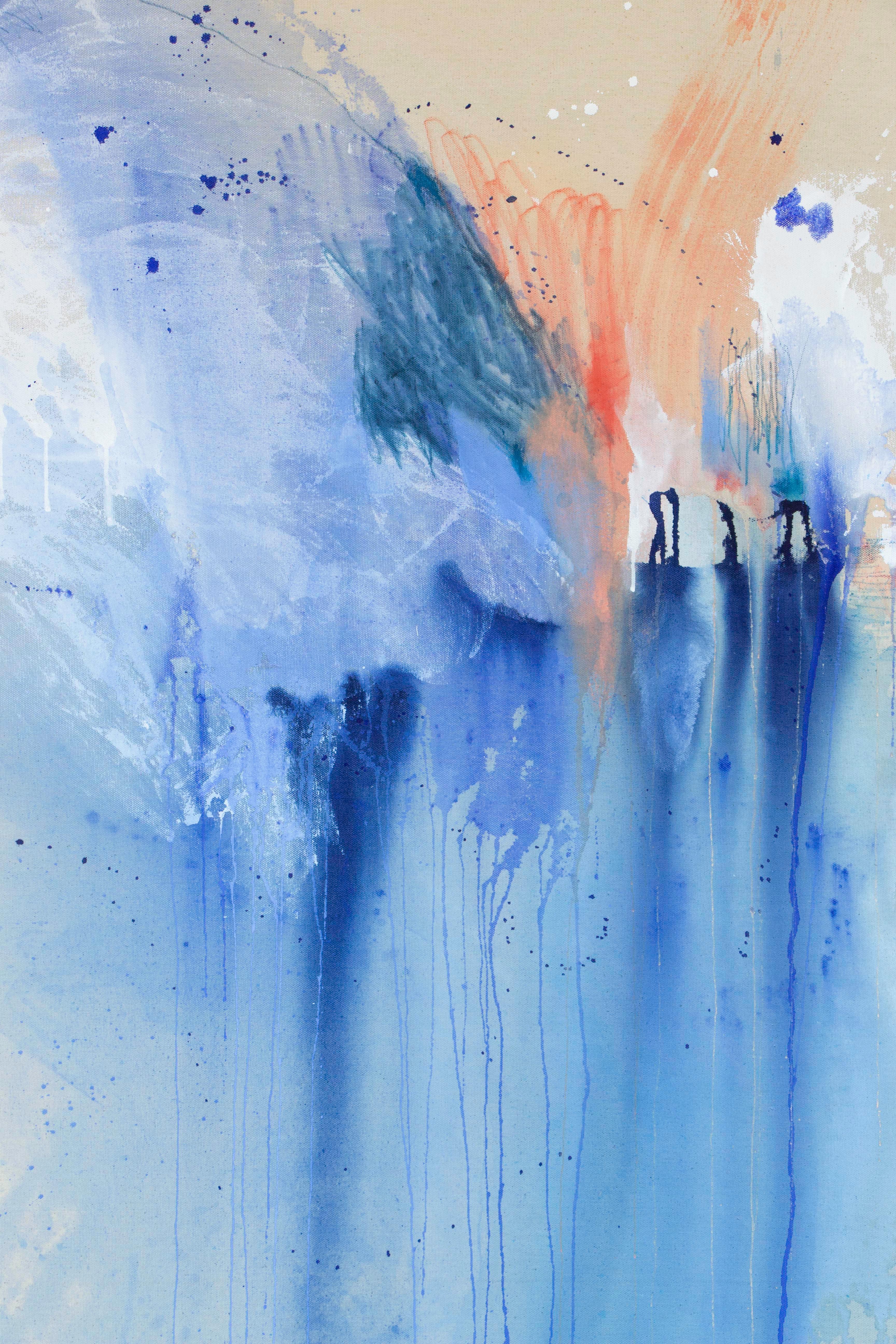 'All the Time' - a beautiful contemporary abstract art from the emerging American artist - Rebecca Stern. It is a mixed media (acrylic, ink) painting on raw canvas with an elegant design. Vibrant blue and orange color palette create dynamic
