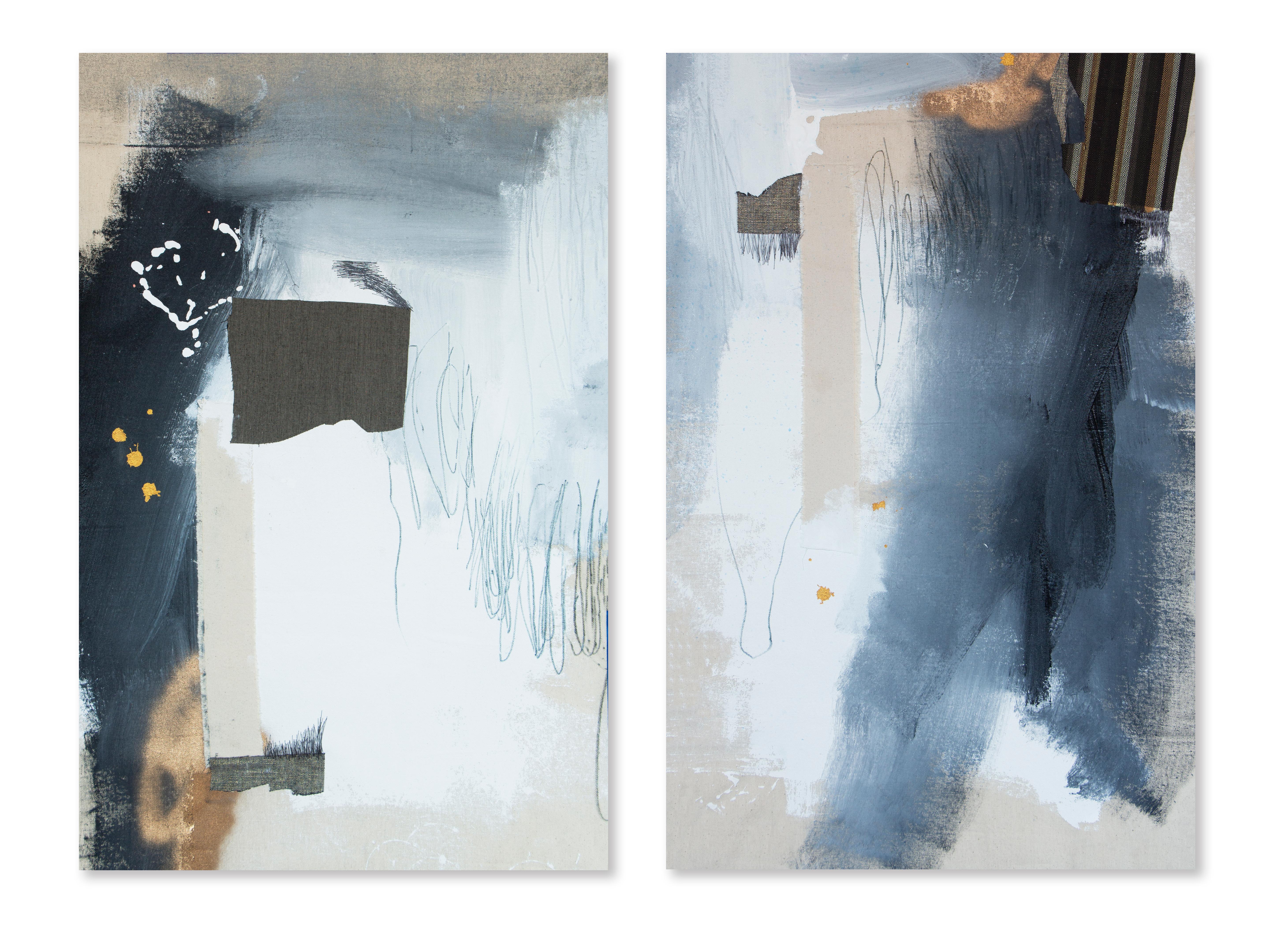 Phase Two, Contemporary Abstract Art Mixed Media Painting Blue Grey Gray Diptych - Mixed Media Art by Rebecca Stern