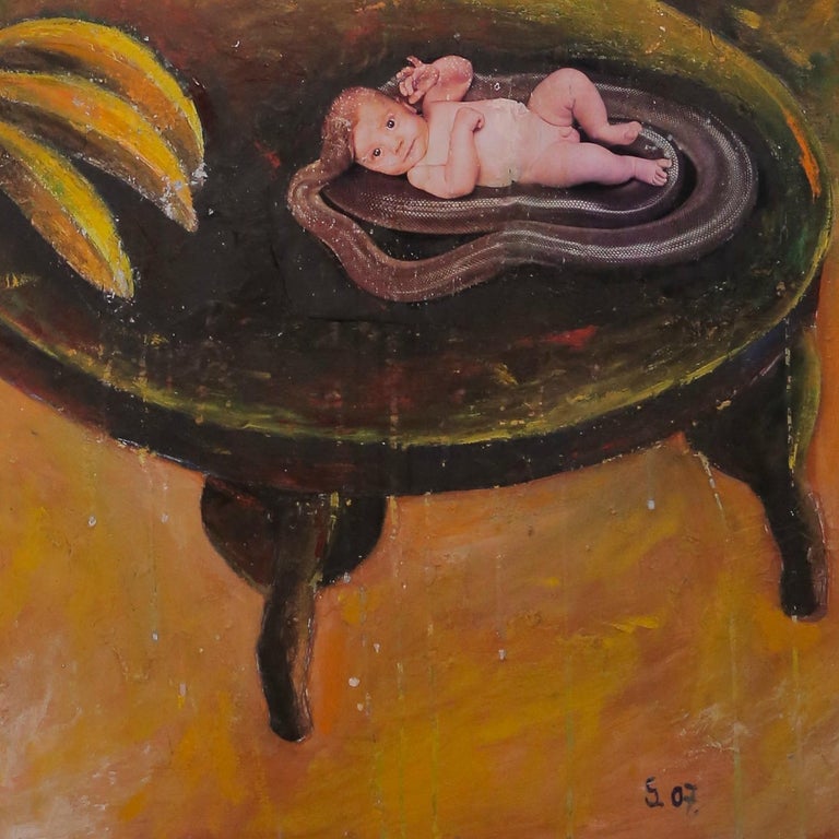My Mother's Lover, Szilard Szilagyi, Figurative Oil Painting, Surrealist, Yellow For Sale 2