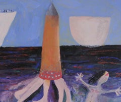 Mermaid Harvest, Szilard Szilagyi, Figurative Oil Painting, Expressionist, Blue
