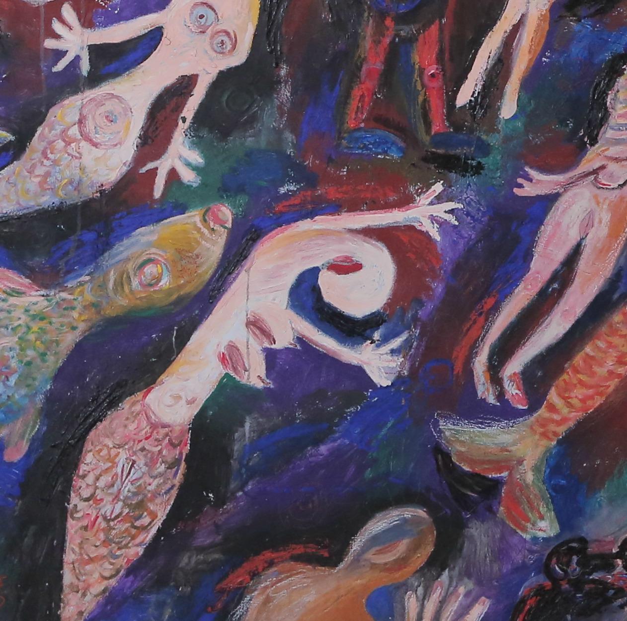 Mermaid Harvest, Szilard Szilagyi, Figurative Oil Painting, Expressionist, Blue For Sale 1