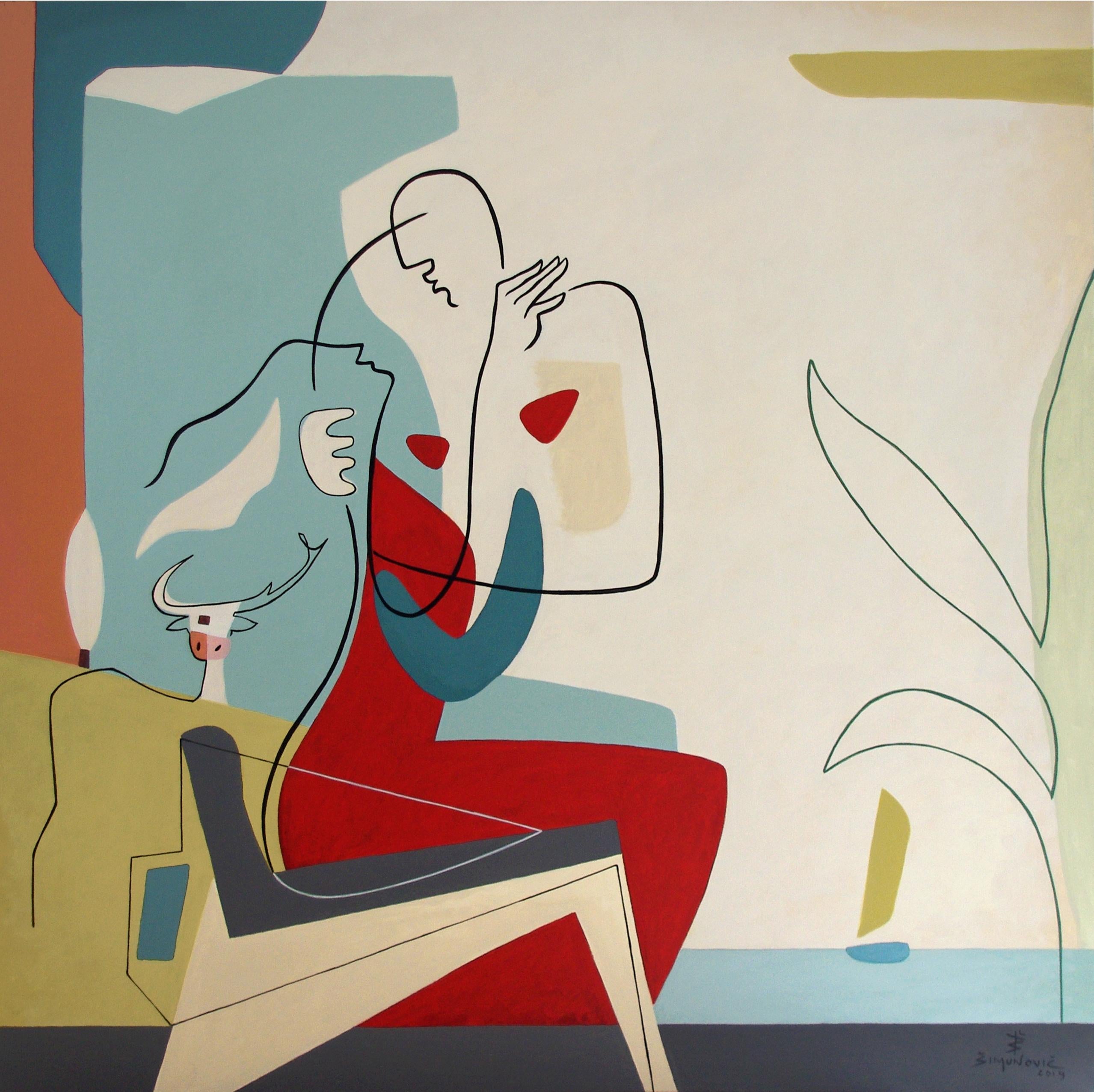 Bernard Simunovic Figurative Painting – Bay of Love, Moderne abstrakte Kunst, geometrisches Gemälde, Leinwand, minimalistisch, rot-gelb