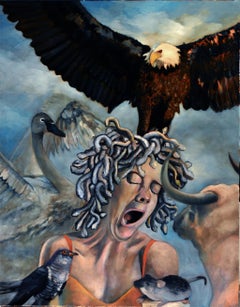 Zeus Frustration, Modern Art Portrait Oil Painting Canvas Blue Figurative Woman
