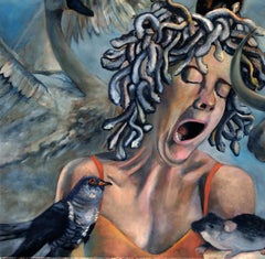 Zeus Frustration, Modern Art Portrait Oil Painting Canvas Blue Figurative Woman