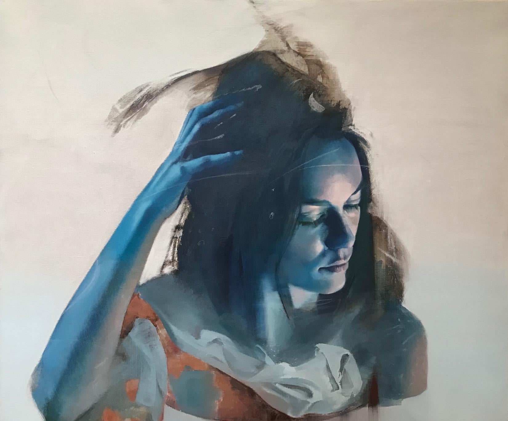 Irena Chrul Portrait Painting - Cherie Je m’aime, Contemporary Abstract Oil Painting Blue Woman Portrait Canvas
