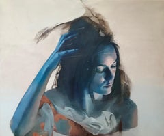 Cherie Je m’aime, Contemporary Abstract Oil Painting Blue Woman Portrait Canvas