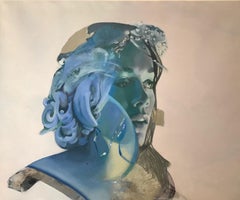 La Soeur Cosmique, Contemporary Abstract Oil Painting Canvas Woman Portrait Blue