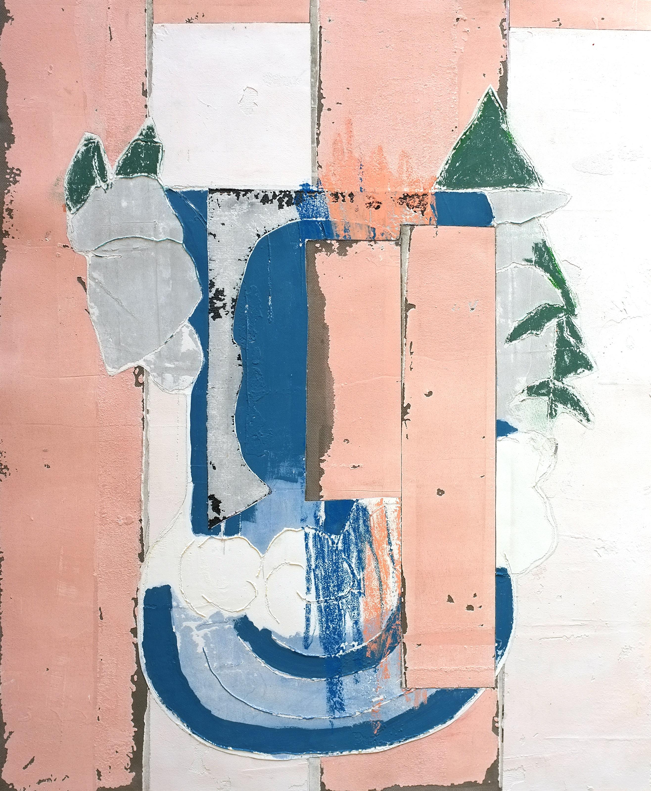 'Chinese Restaurant' by Antoine Puisais - beautifully romantic contemporary abstract mixed media painting on linen. It is a pink collage with architectural geometrical patterns. Its small size and deep blue tones will complement any interior and