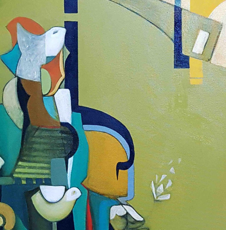 'Recreation' is a vibrant contemporary abstract oil painting on canvas by Lebanese artist - Janet Hagopian. Expressionist style of the art piece, its graphic geometric pattern and bright yellow and green color aesthetic get attention in any room and