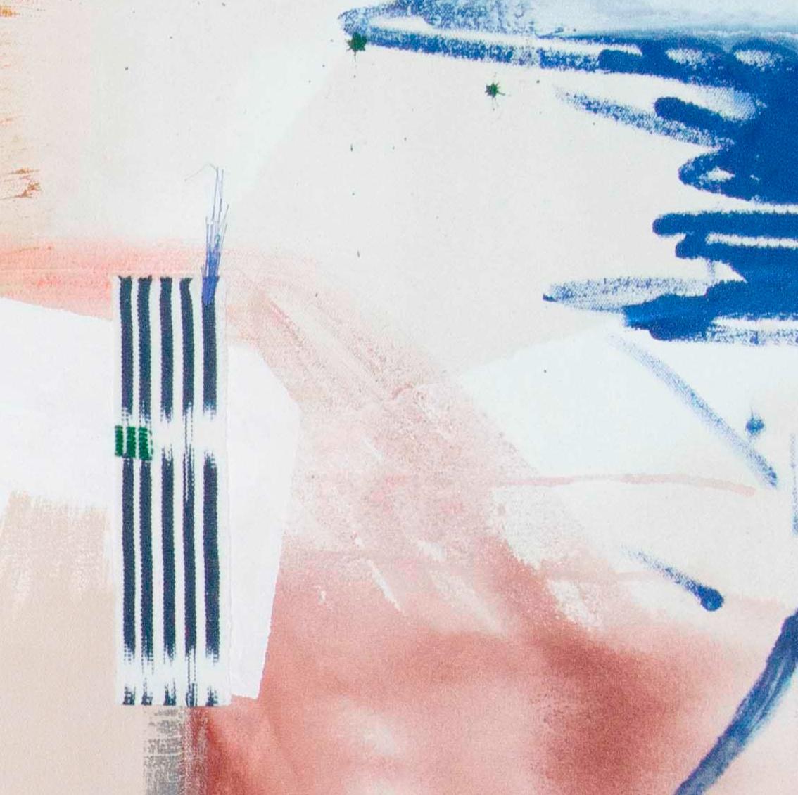 'Off Kilter Spirits I' - a stunning contemporary abstract art from the American artist - Rebecca Stern. It is a mixed media (acrylic, ink, found fabric, and hand embroidery) painting on canvas with a strong texture. Soft pink, orange and yellow