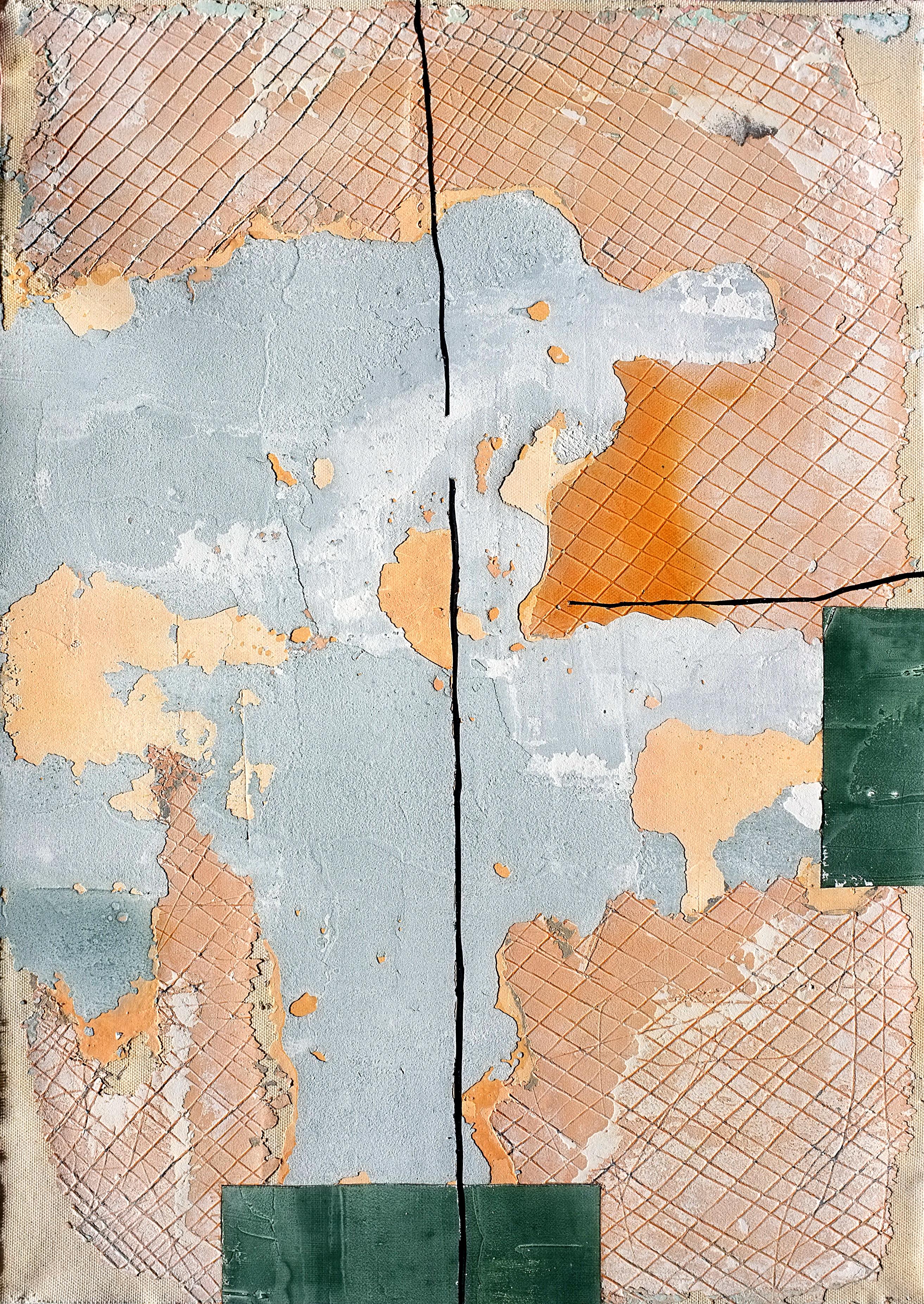 Antoine Puisais Abstract Painting - Nile Green, Contemporary Abstract Art Mixed Media Green Orange Collage Canvas