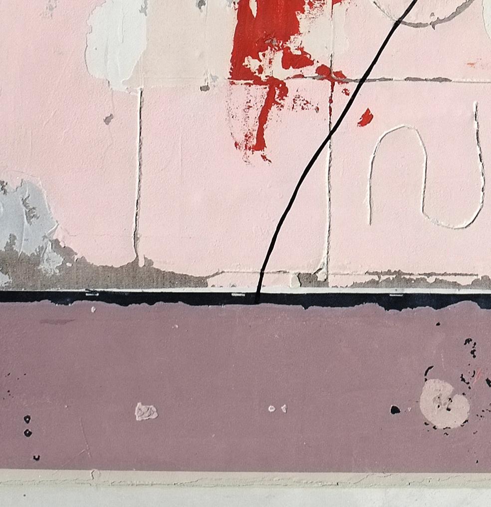 'Two Slaves'  is a bright expressionist abstract mixed media painting by French artist - Antoine Puisais. It is a small pink contemporary art collage on canvas with a neutral design and authentic, raw aesthetic. Its beautiful monochromatic style