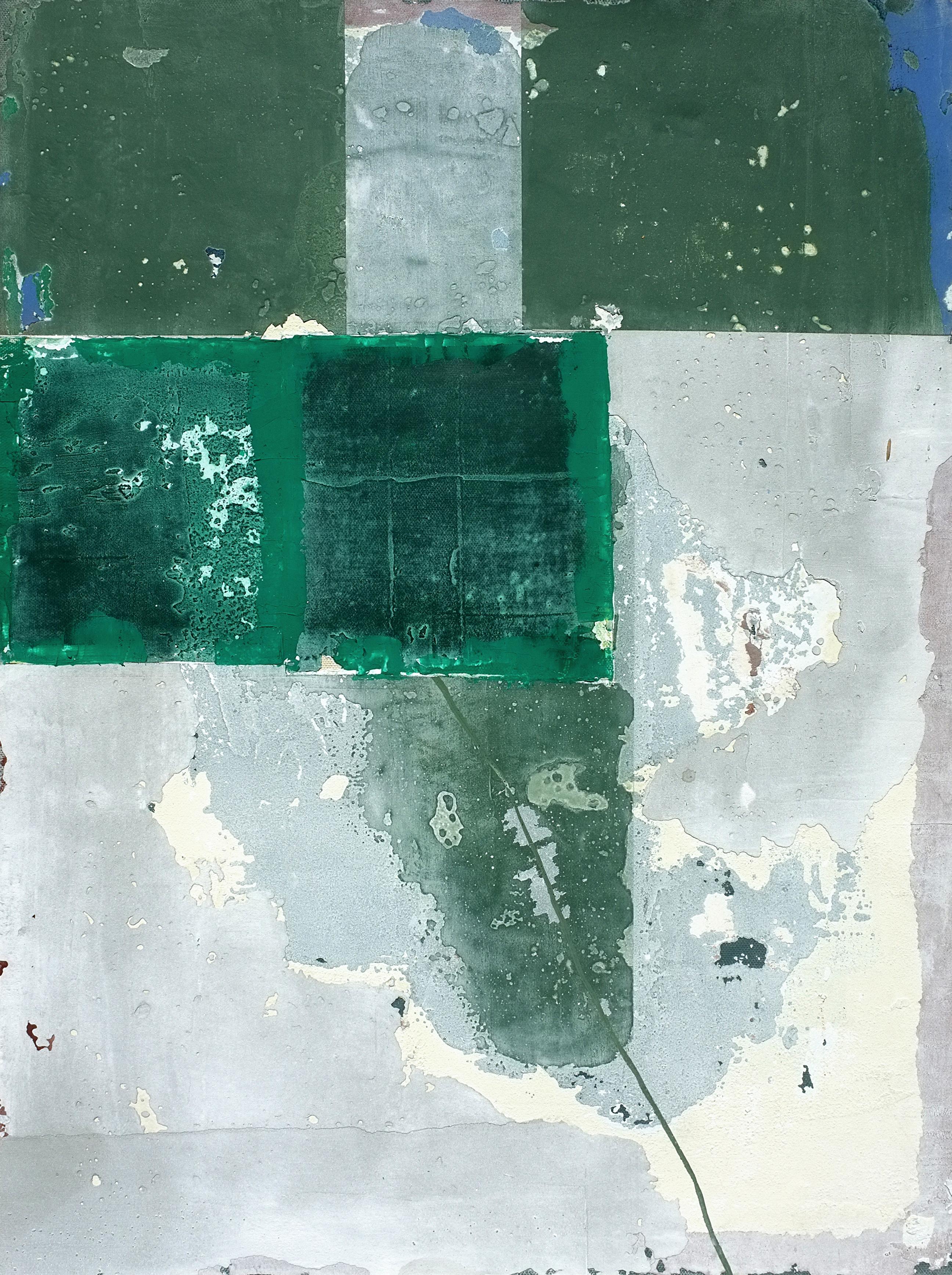 'Mopi'  is a bright minimalist abstract mixed media painting by French artist - Antoine Puisais. It is a small green contemporary art collage on linen canvas with a neutral design and authentic, raw aesthetic. Its beautiful monochromatic style will