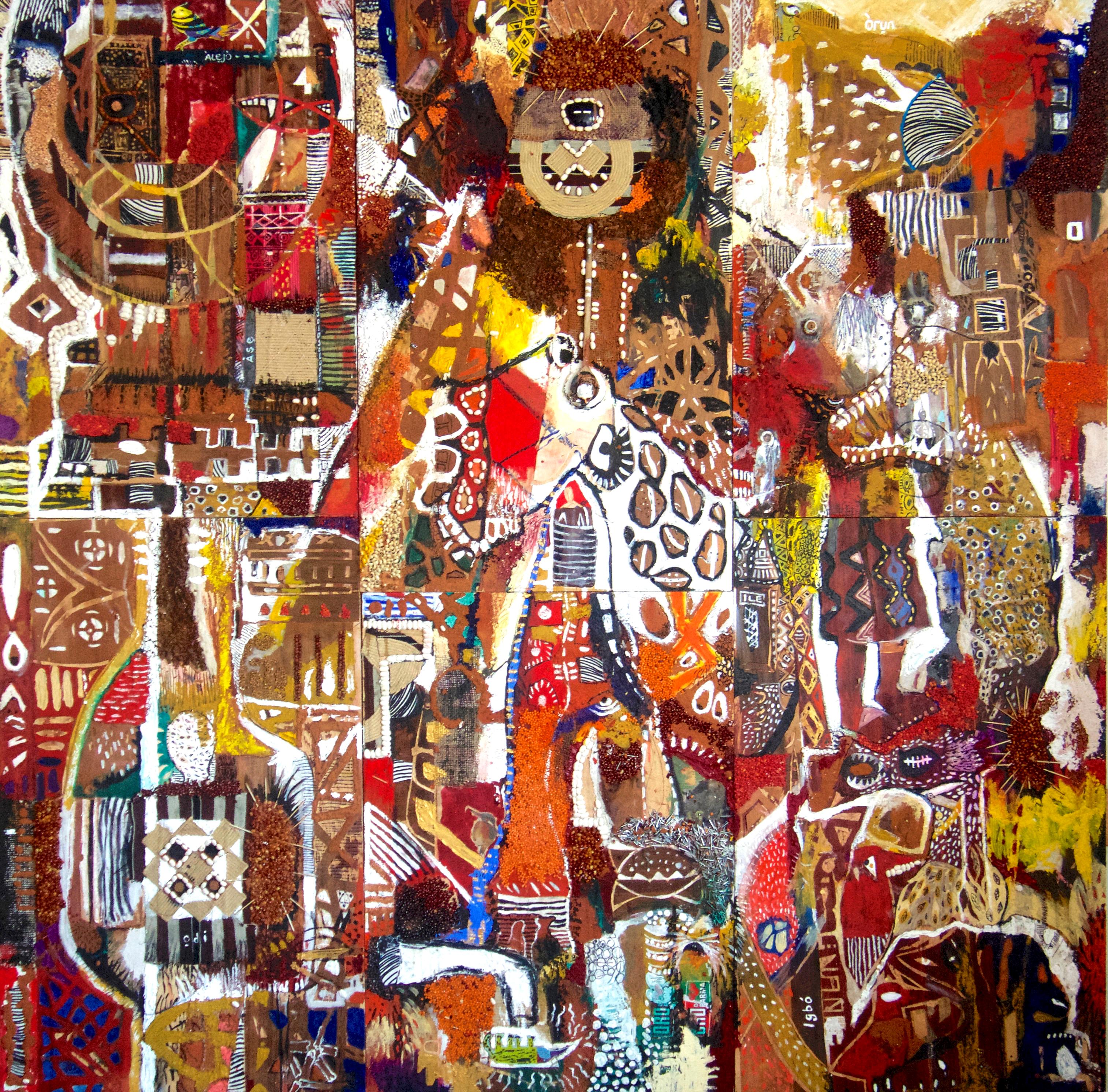 Olayanju Dada Abstract Painting - The Triumphant Entry, Contemporary Abstract African Mixed media Painting Collage