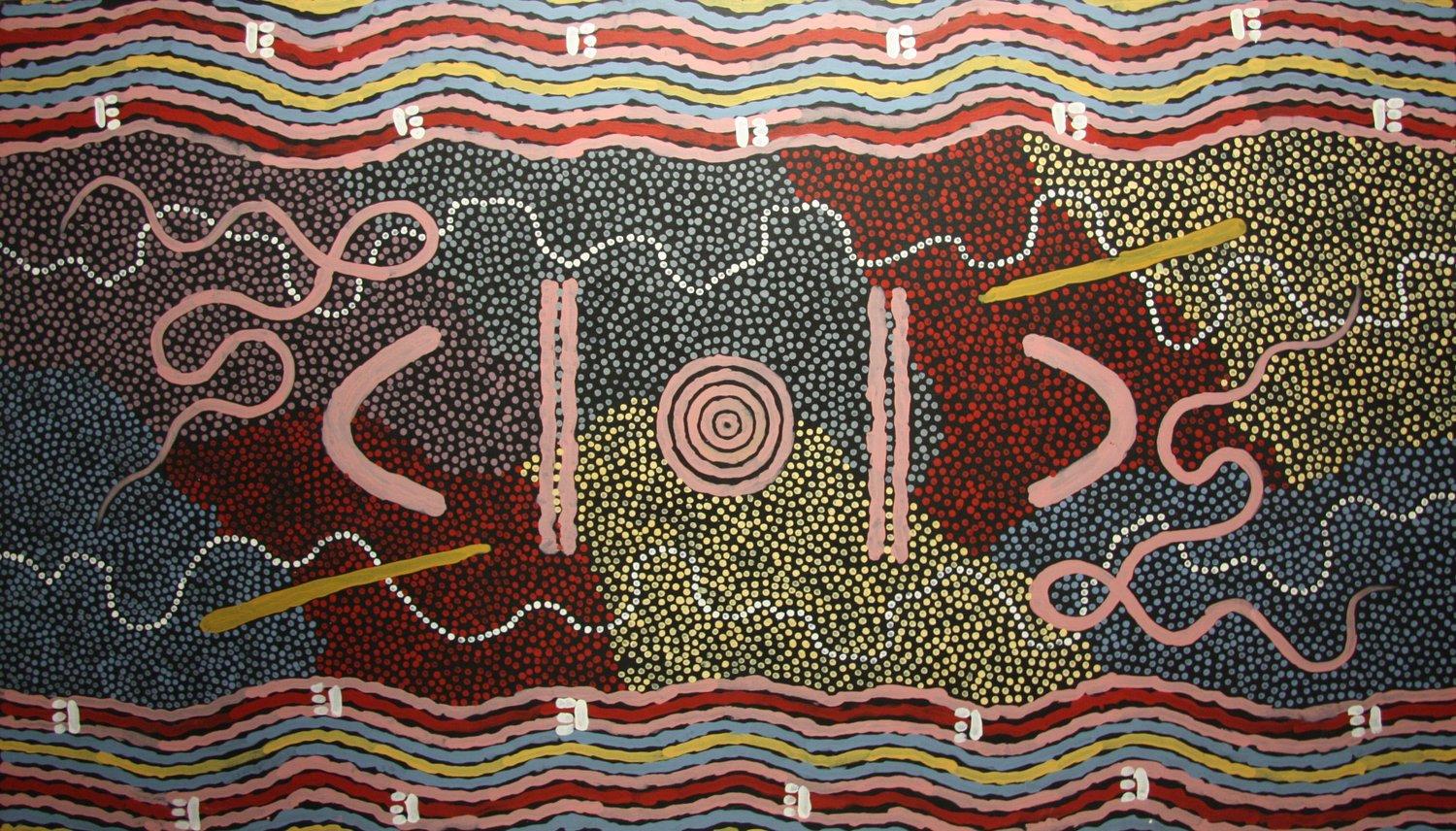 Clifford Possum Tjapaltjarri Landscape Painting - 'Possum Dreaming at Napperby' Australian Aboriginal Art by Clifford Possum