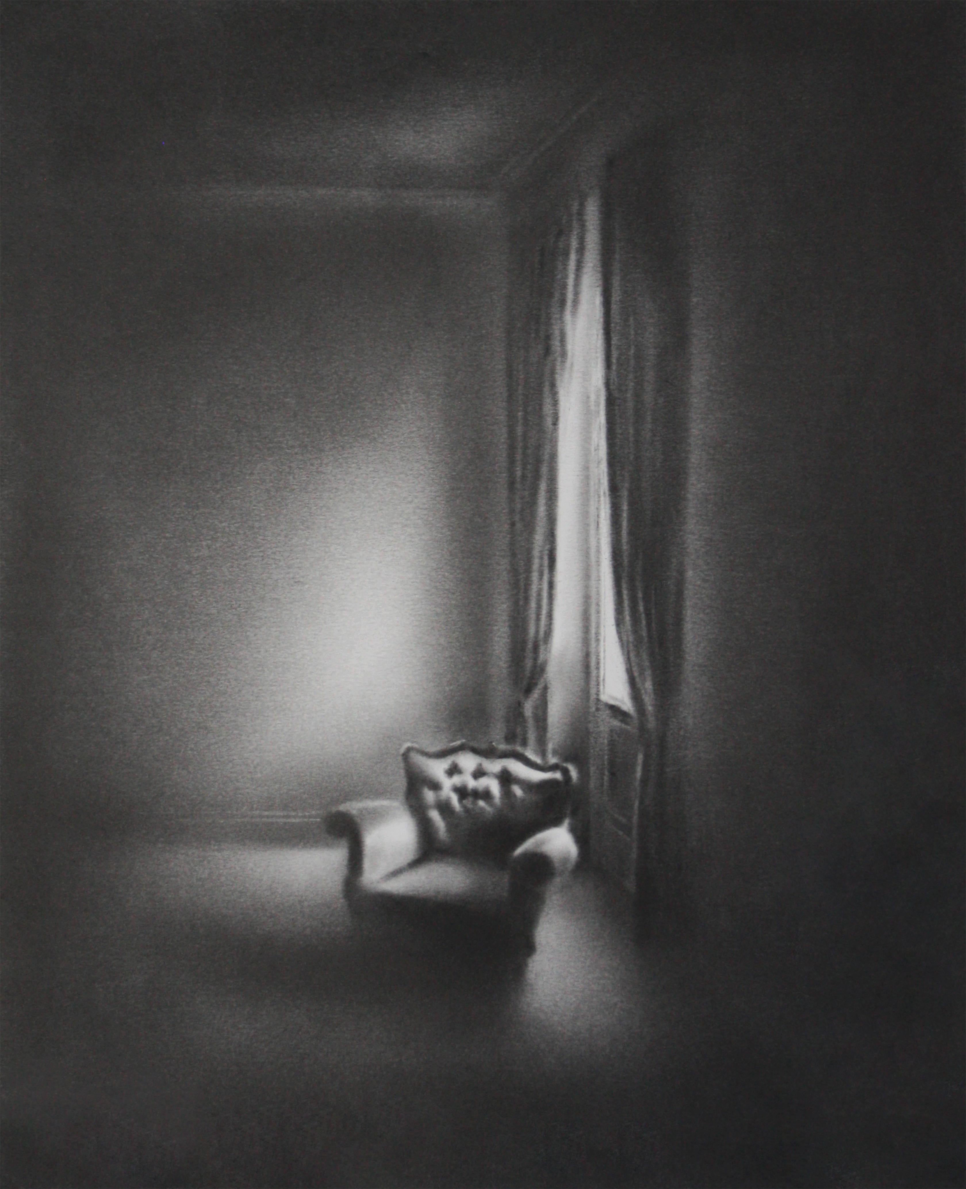 Simon Schubert
Untitled (Light on Armchair), 2017
Graphite on paper
14 x 10 inches

In Schubert’s most recent work, he continues exploring architectural details and empty domestic interiors with folded paper and graphite. The elaborate project