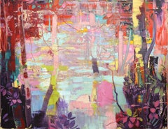 Szilard Huszank, Landscape, forest, stream, painting, oil on canvas, colorful,