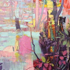 Szilard Huszank, Landscape, forest, stream, painting, oil on canvas, colorful,