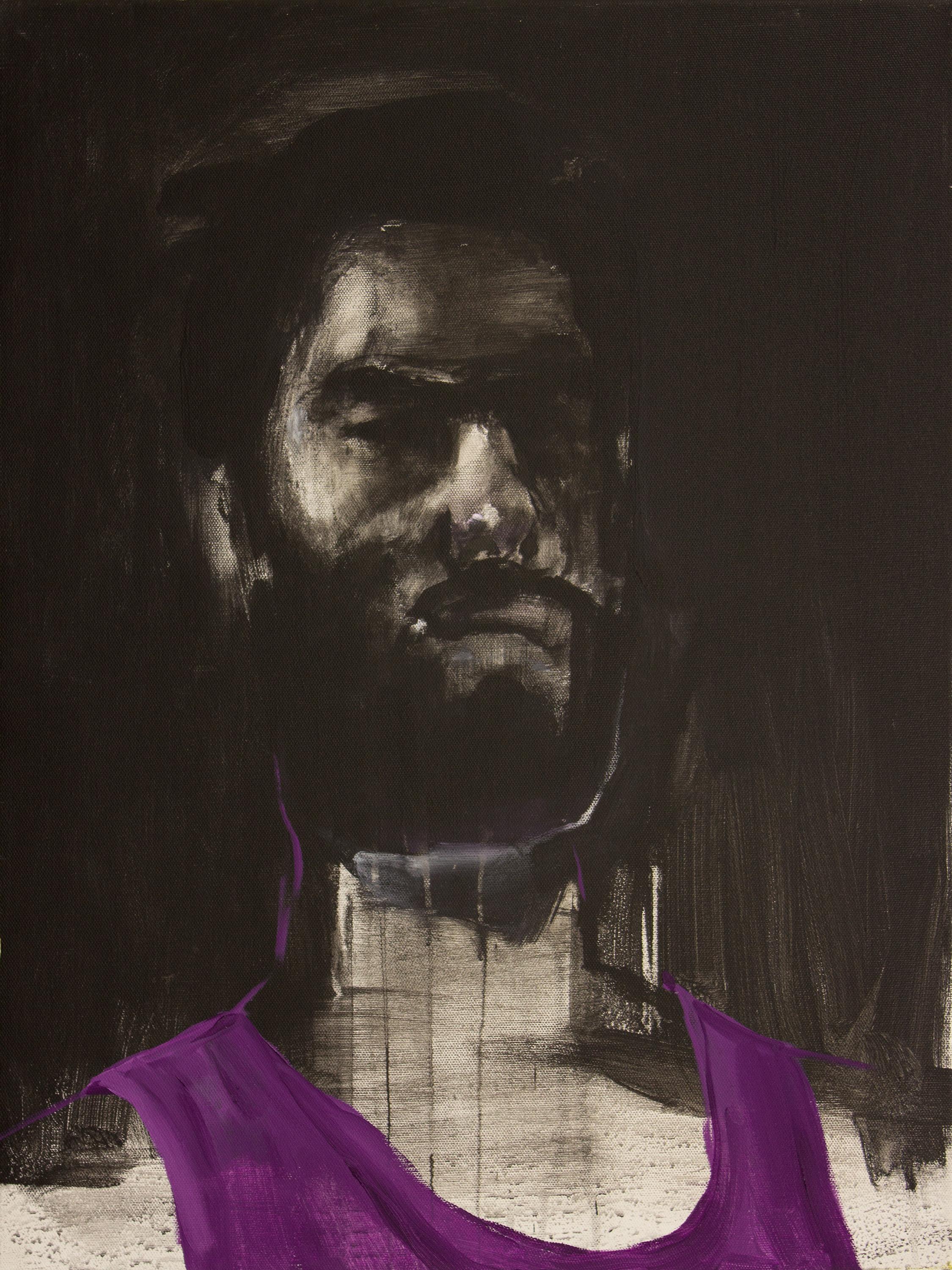 This work is Esteban Ocampo-Giraldo, Selfie Painted With Purple Tank Top, 2016, oil on canvas, 24 x 18 inches. It is part of his series of dynamic self portraits, aptly titled "Selfies." Painted with verve in one sitting and without revision, these