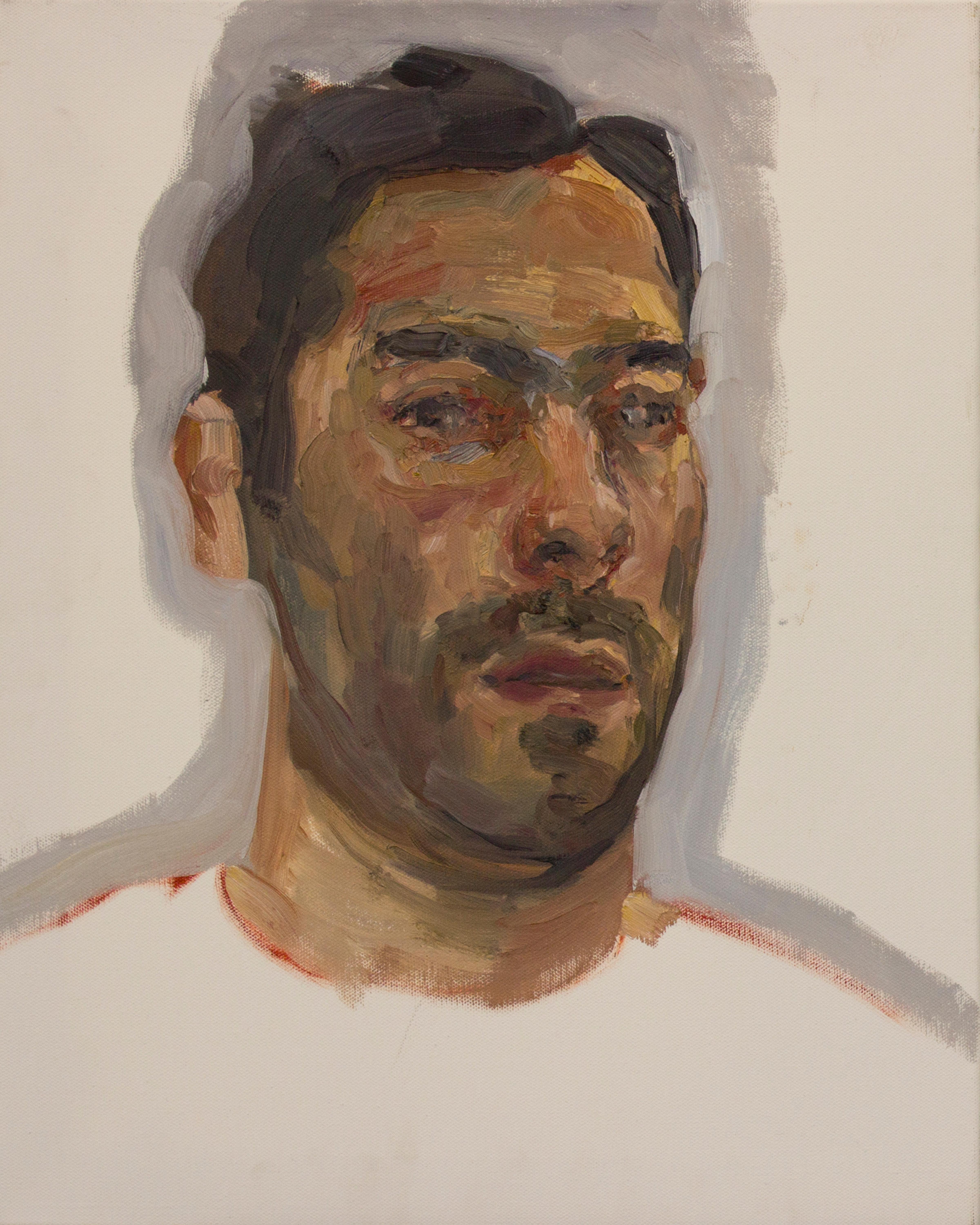 Dieses Werk ist Esteban Ocampo-Giraldo, Selfie Painted With Dead Palette, 2016, Öl auf Leinwand, 20 x 16 Zoll. Es ist Teil seiner Serie dynamischer Selbstporträts mit dem treffenden Titel "Selfies". Diese Werke, die in einer einzigen Sitzung mit