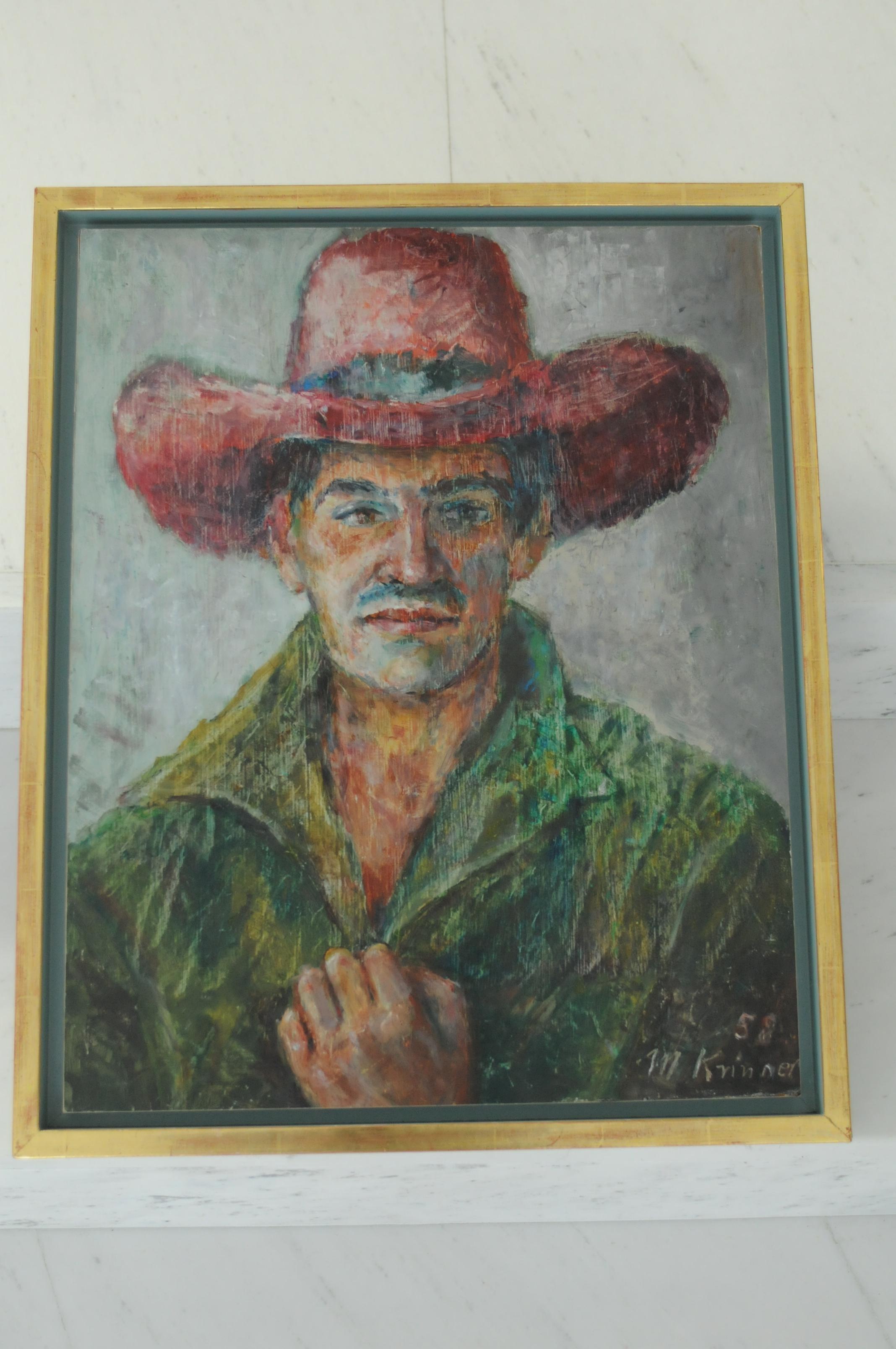 Spanish Man with hat - Gray Portrait Painting by Michaela Krinner