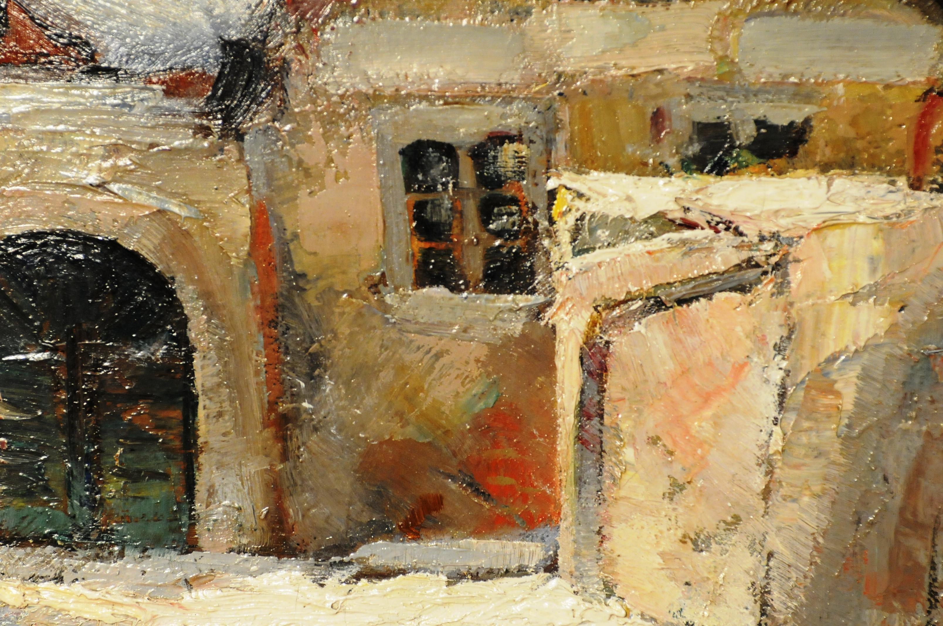 Village in Wintertime - Dorf im Winter - Brown Portrait Painting by Wilhelm Kaufmann