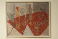 Still life with bottles, glasses and a spoon