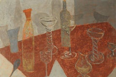 Still life with bottles, glasses and a spoon
