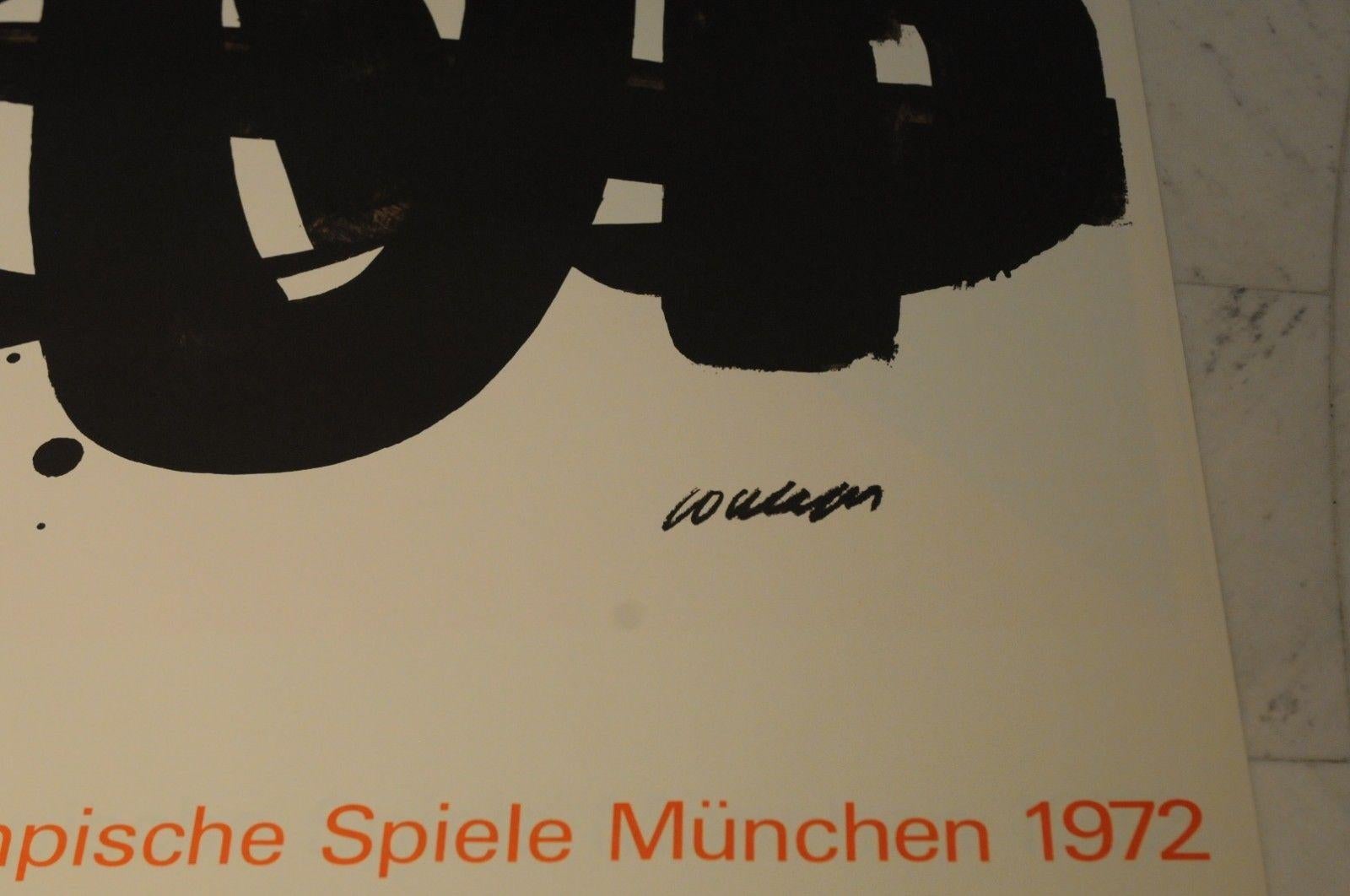 
1972 Munich Olympic Games - Pierre Soulages 
Poster Country: Germany. 
Year: 1970. 
Artist: Pierre Soulage. Edition Olympia 1972.

On heavy paper 102 x 64 cm (c. 40 x 26 inch)
Made for the Olympic Games in Munich, 1972

In good condition!
One of 20