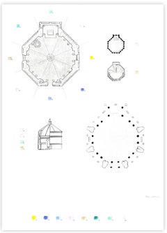 Plan For Baptistery Score, 2017, line etching, hand coloured with pigment