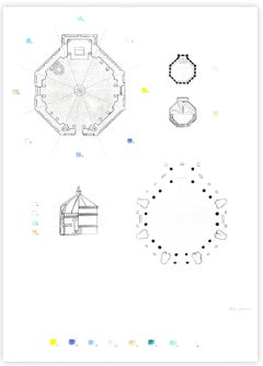 Plan For Baptistery Score, 2017, eau-forte au trait, colorée à la main avec pigment 