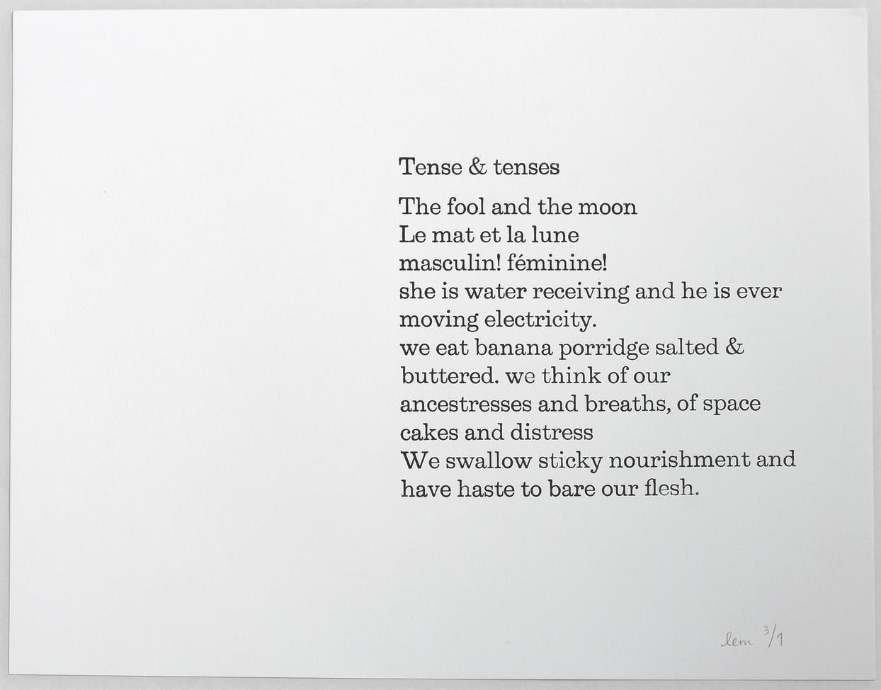 Tense & Tenses  –  ink on paper, poem, edition, black and white - Art by Lauren Ellis Matthews