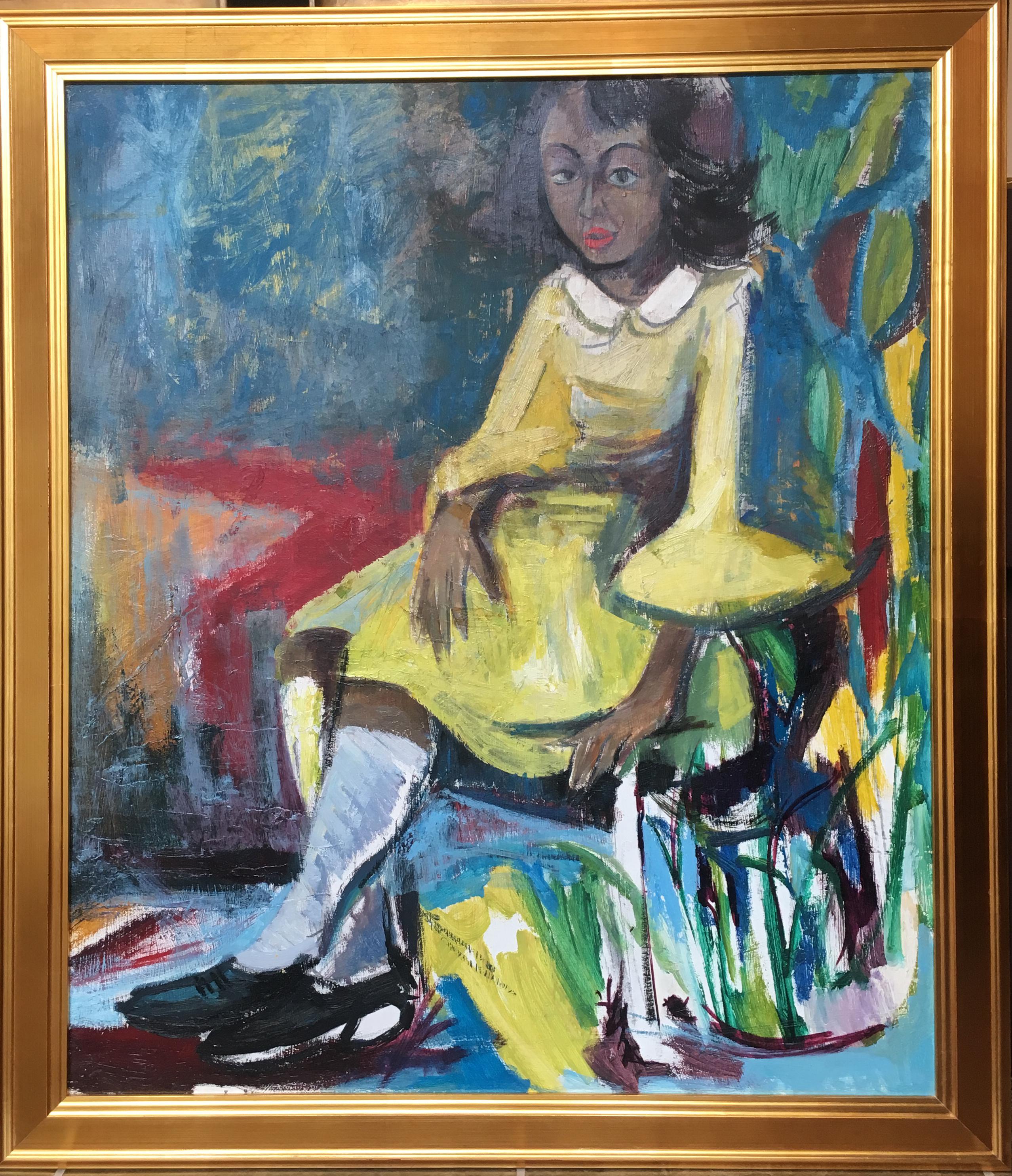 Bernard Harmon, Girl in a Yellow Dress, is an oil painting on board, the artwork is 39.75