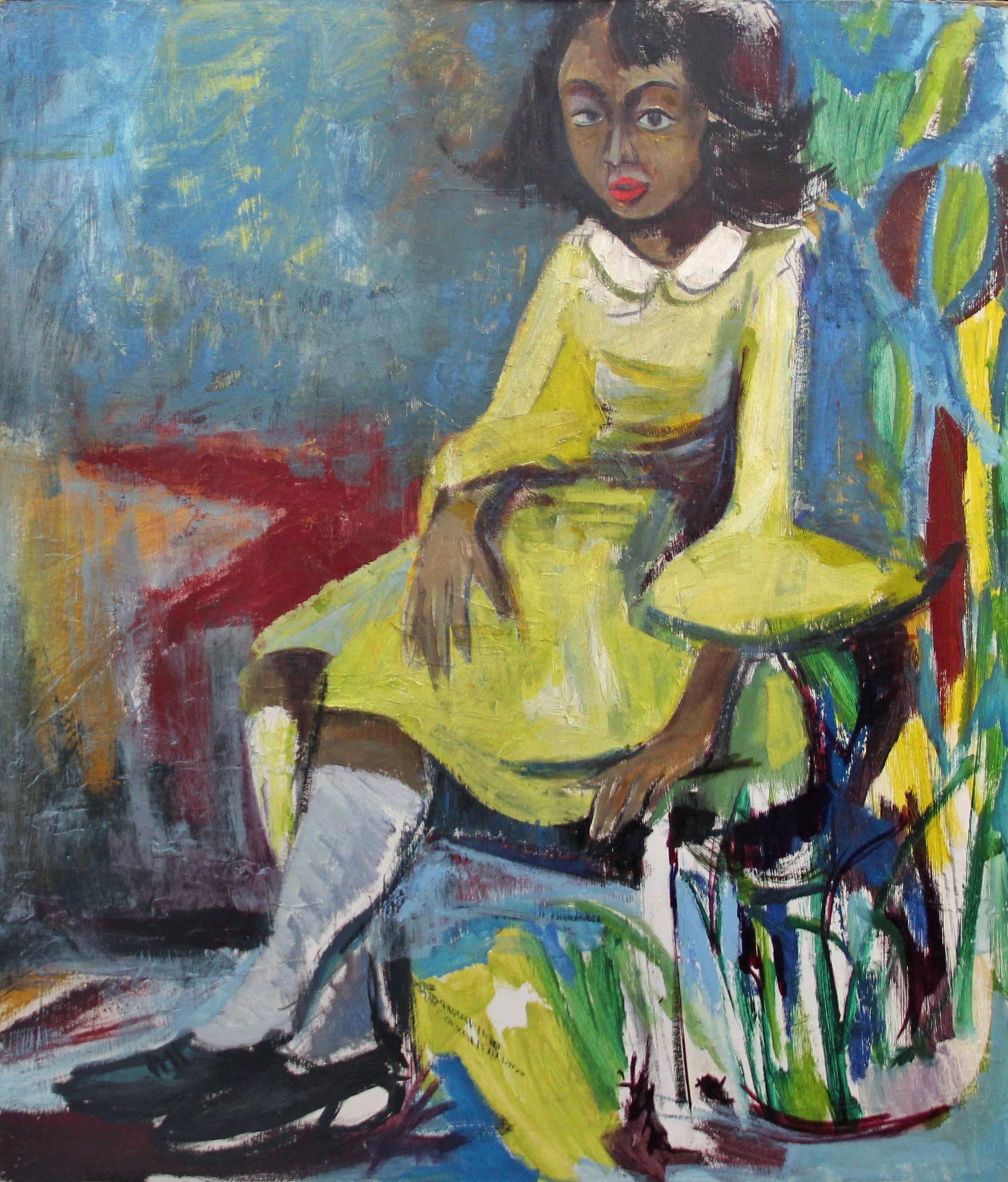 Bernard Harmon, Girl in a Yellow Dress, is an oil painting on board, the artwork is 39.75" x 34" in size plus a 3" gold frame. 
"Girl in a Yellow Dress" comes from a private collection in Bucks County, Pennsylvania. The colors in his work are