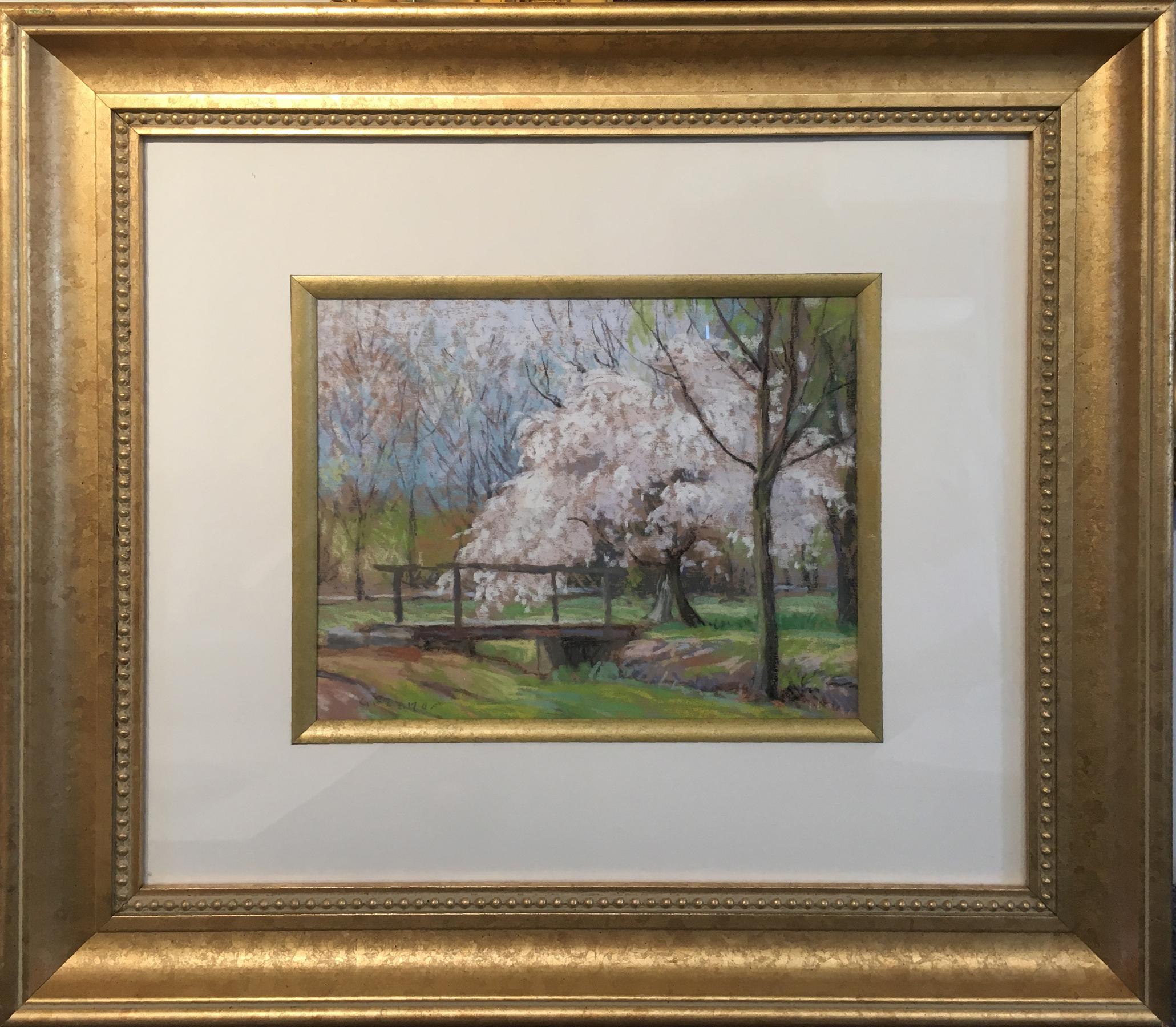 "Bridge with Blooming Tree, New Hope" by Albert Van Nesse Greene is an 8.5" x 10.5" pastel on paper, it is signed on the lower left "Greene". The artwork is matted and framed, it is in excellent and original condition. The painting came from a