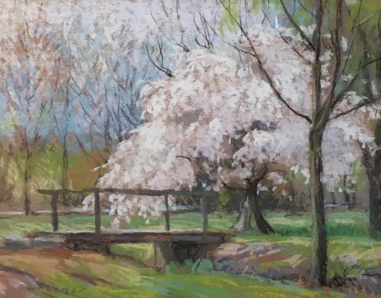 Albert Van Nesse Greene, Bridge with Blooming Tree, New Hope PA, Pastel on Paper For Sale 1