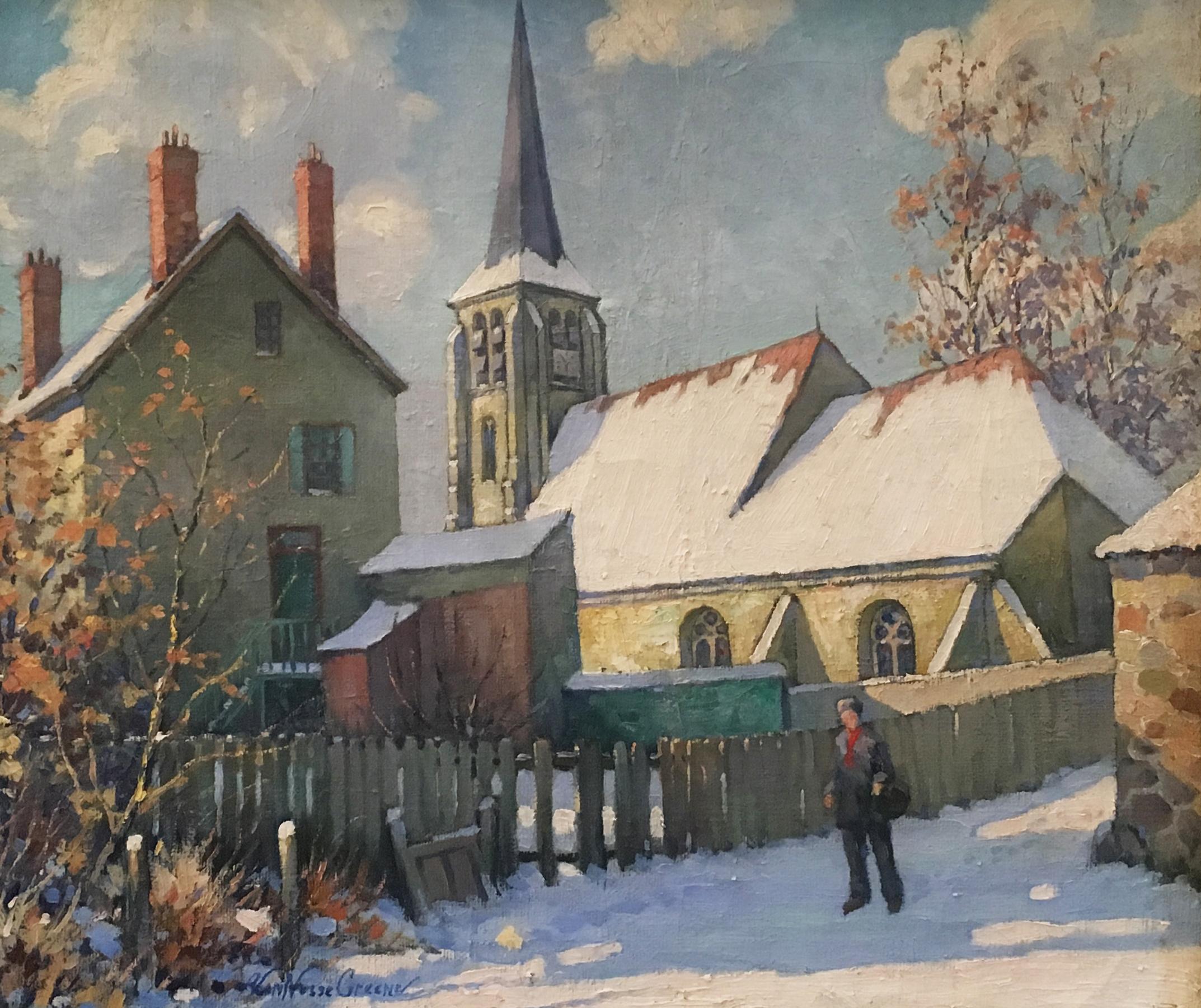 Albert Van Nesse Greene, Old Swede's Church, Winter, Oil on Canvas For Sale 1