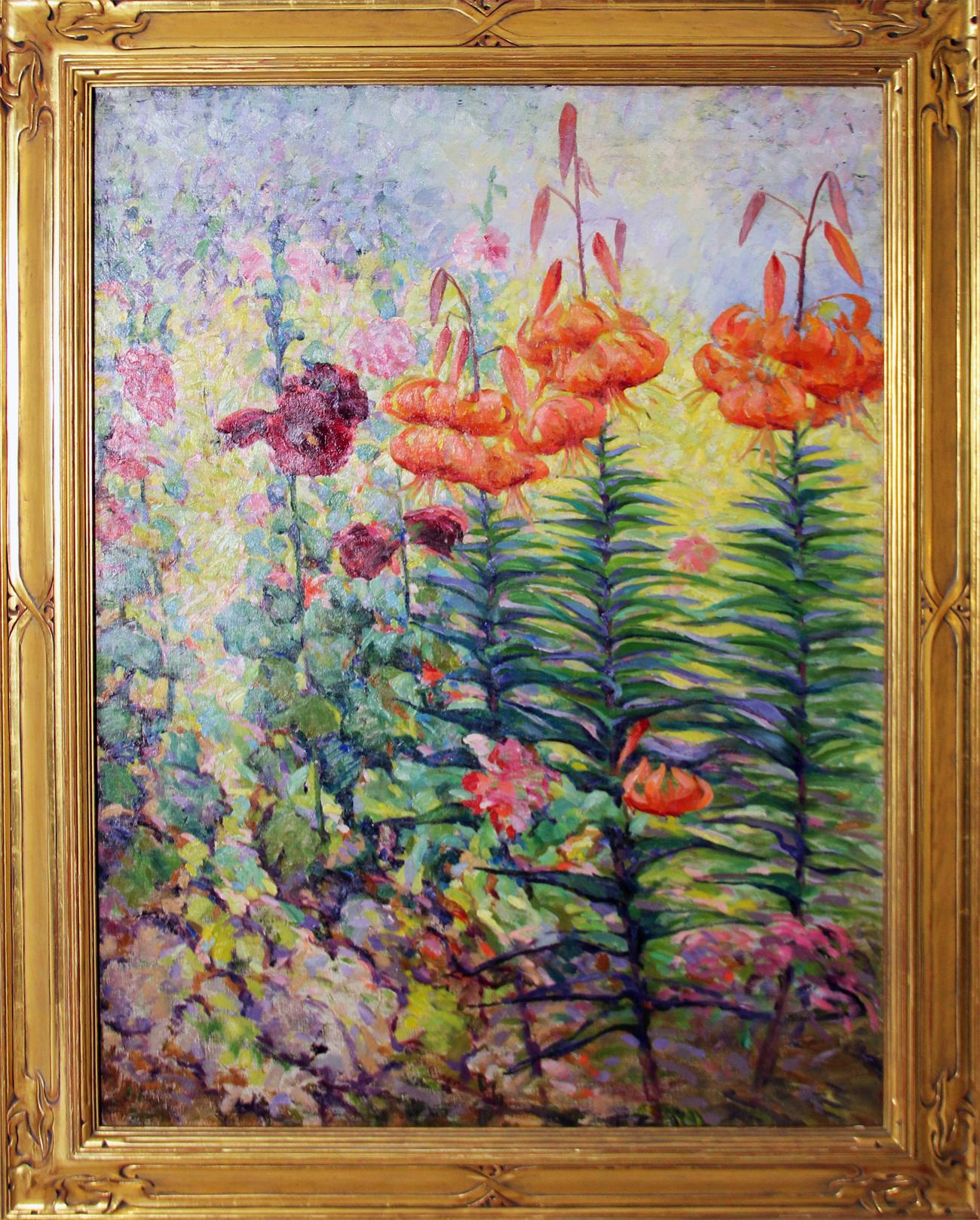 "Tiger Lillies" by Henry Ryan MacGinnis is a 40" x 30" oil on canvas floral painting. The work comes from the estate of the artist and is monogrammed on front and signed on verso. The painting is framed in a 22K gold reproduction frame. Additional