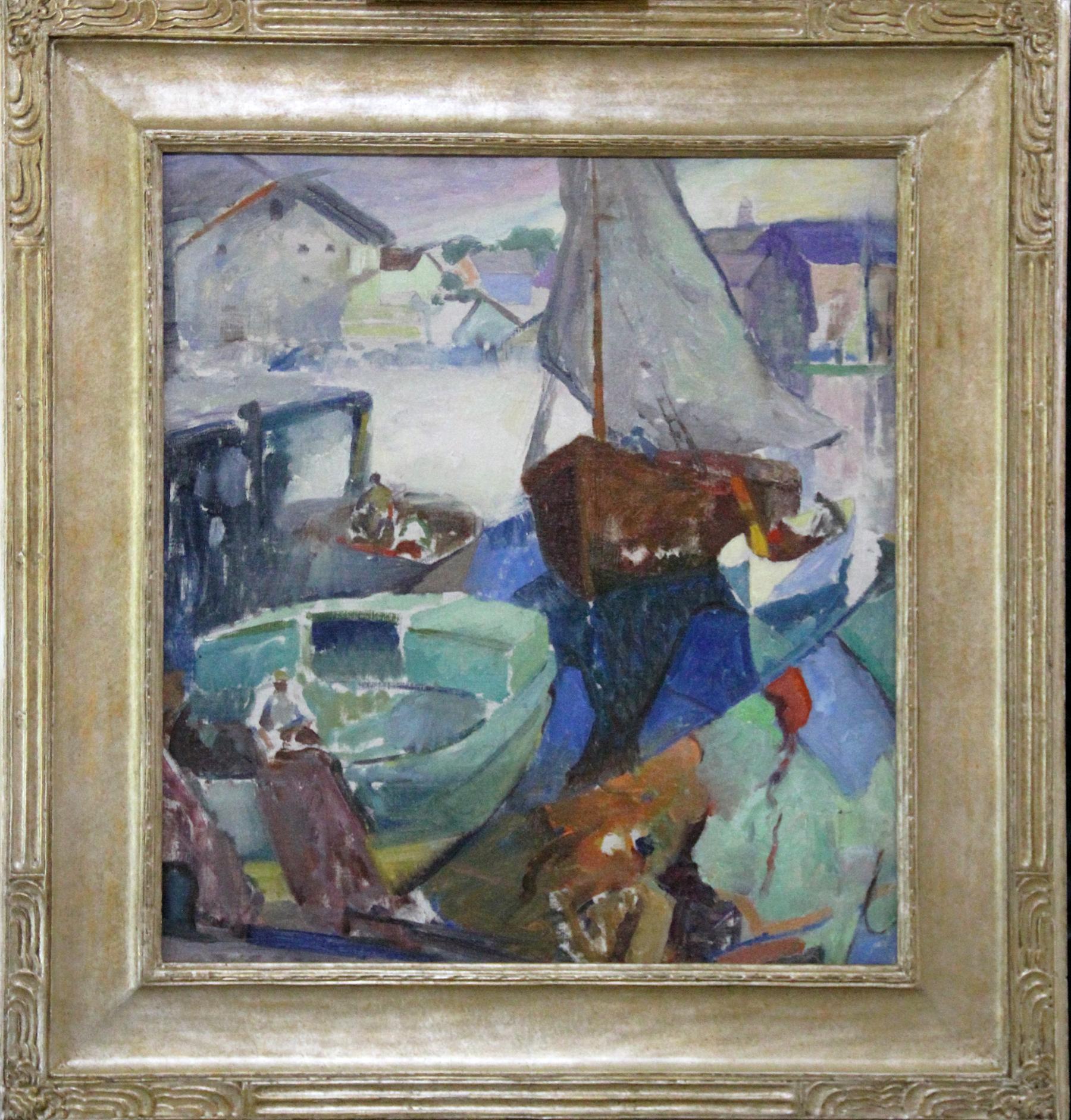 "Return of the Fishing Boat" by Hugh Breckenridge is a early 20th century modernist abstract harbor scene. The painting comes from a private collection in California and is signed "Hugh Breckenridge" on verso. Additional shipping options and quotes