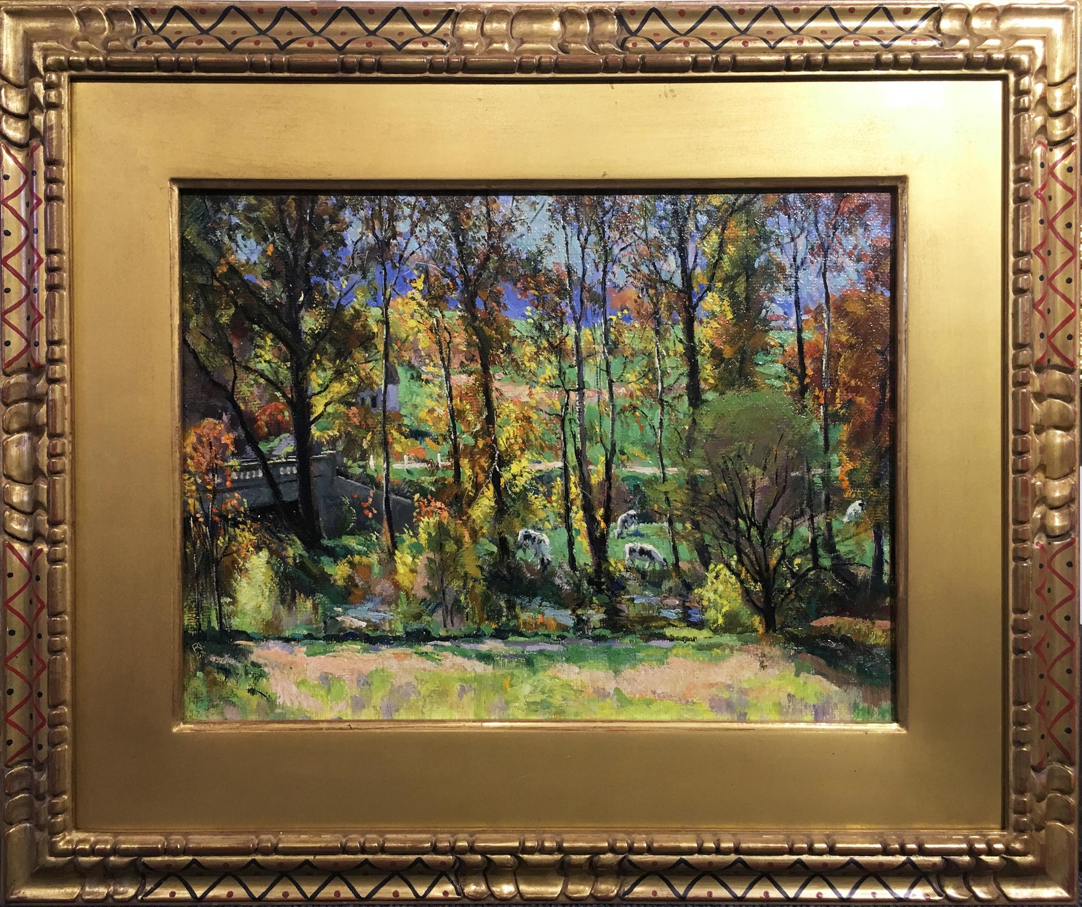 "Autumn Glory" by Roy Nuse is a 12" x 16" oil on board impressionist landscape painting. It comes from a private collection in New Hope, Pennsylvania and it is signed "RN" in the lower left corner. The back retains the original gallery label and the