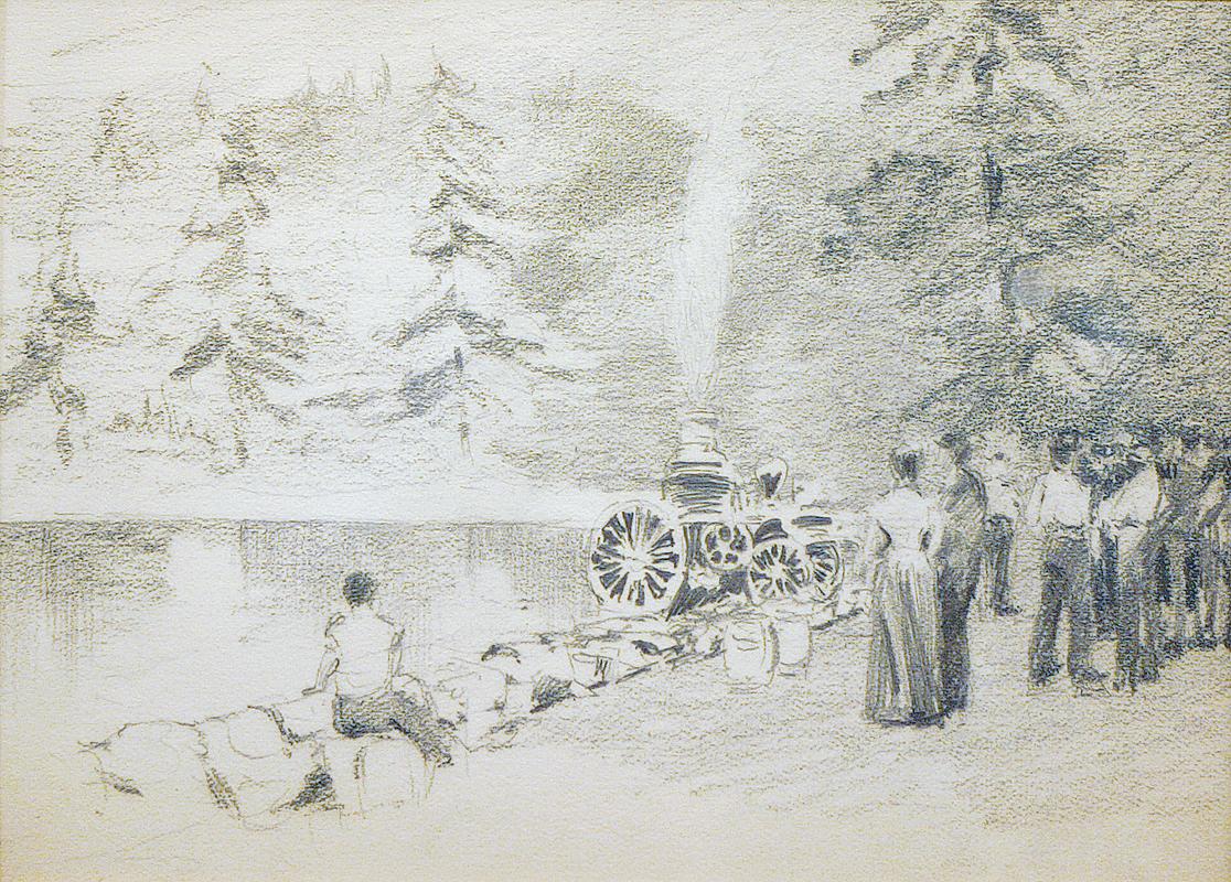 Henry Bayley Snell Landscape Art - Henry Snell, Figures with Firetruck, Pencil Drawing on Paper, c. 1899