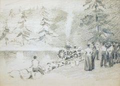 Henry Snell, Figures with Firetruck, Pencil Drawing on Paper, c. 1899