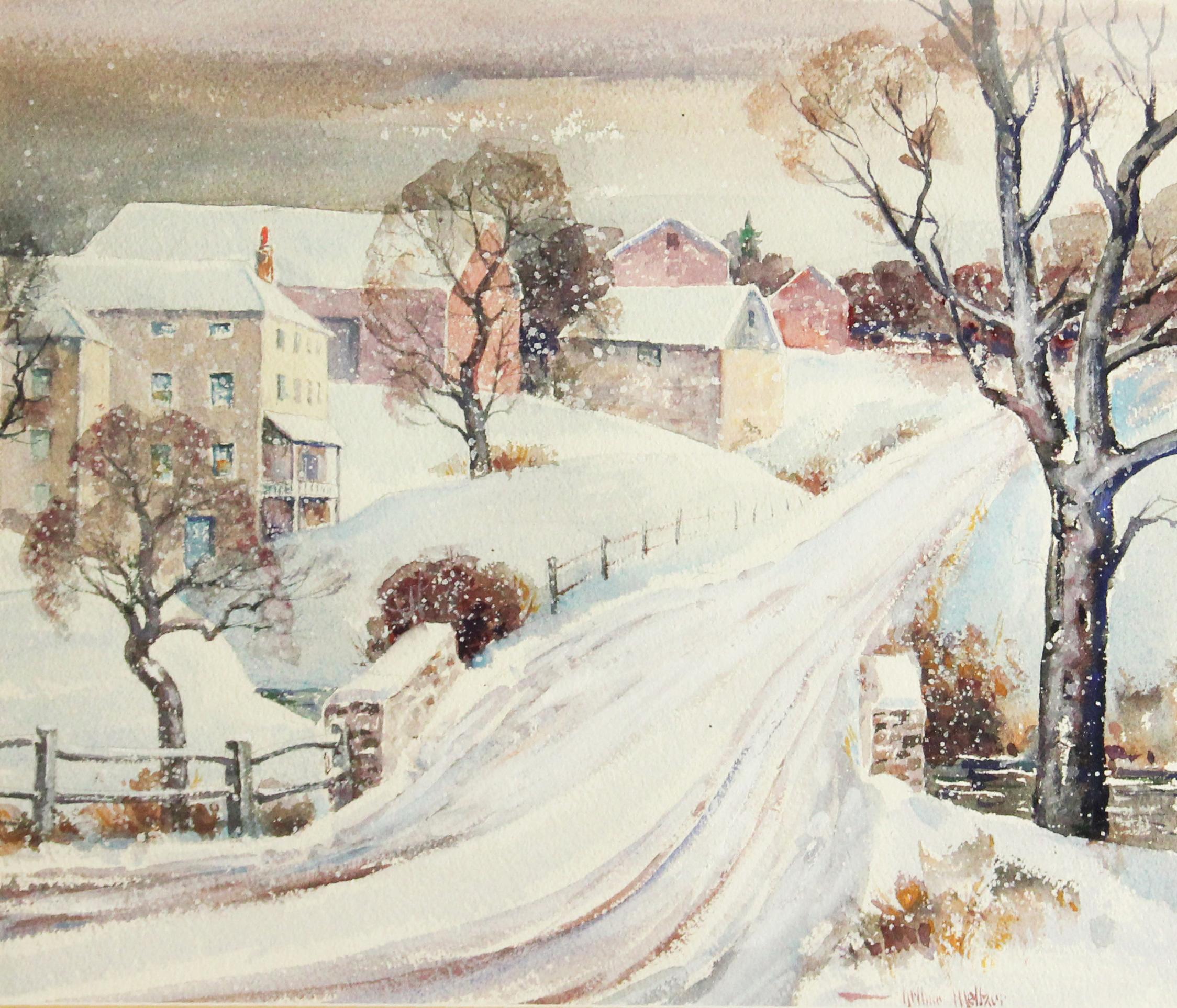 "Winter Street Scene" by Arthur Meltzer is a 11 1/2" x 13 1/2" watercolor on paper landscape painting. It is signed "Arthur Meltzer" in the lower right, and it comes from a private collection in Ohio, USA. 
In 1919 Arthur Meltzer (1893 - 1989),