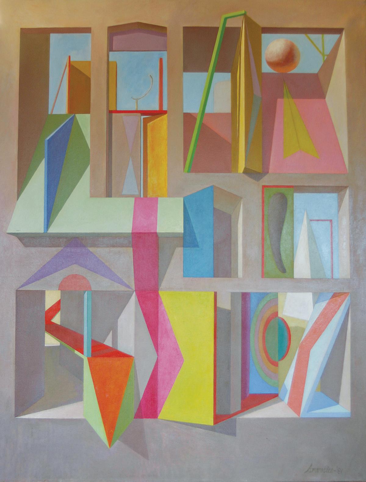 "Architectural Fantasies" by Joseph Amarotico is a 34" x 44" oil on canvas abstract / architectural surrealist painting. It is signed and dated "Amarotico 81" in the lower right and came from a private collection in New Hope, Pennsylvania.