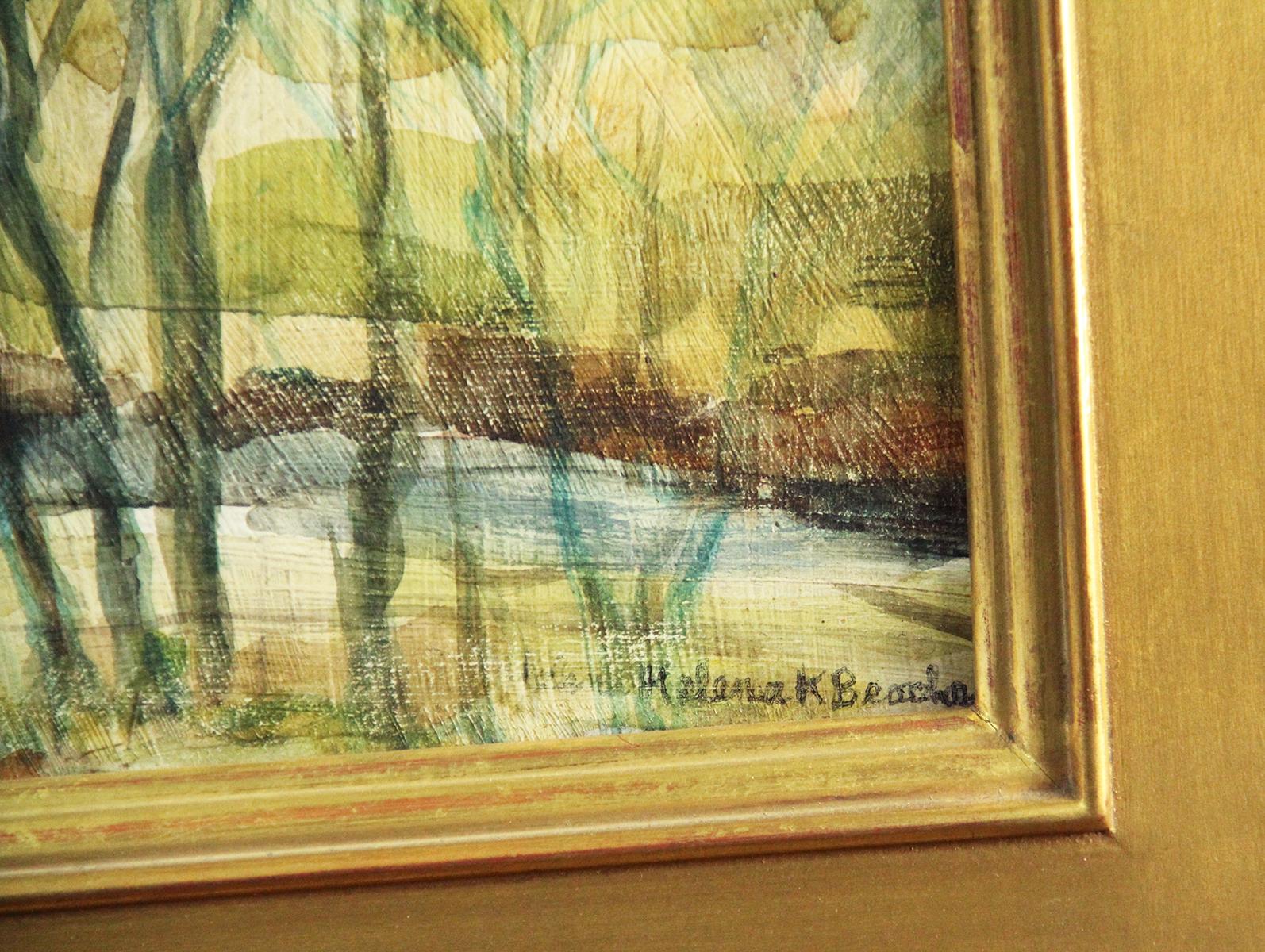 Helena Krause Beacham, Covered Bridge, Oil on Board, Signed - American Impressionist Painting by Helena Beacham
