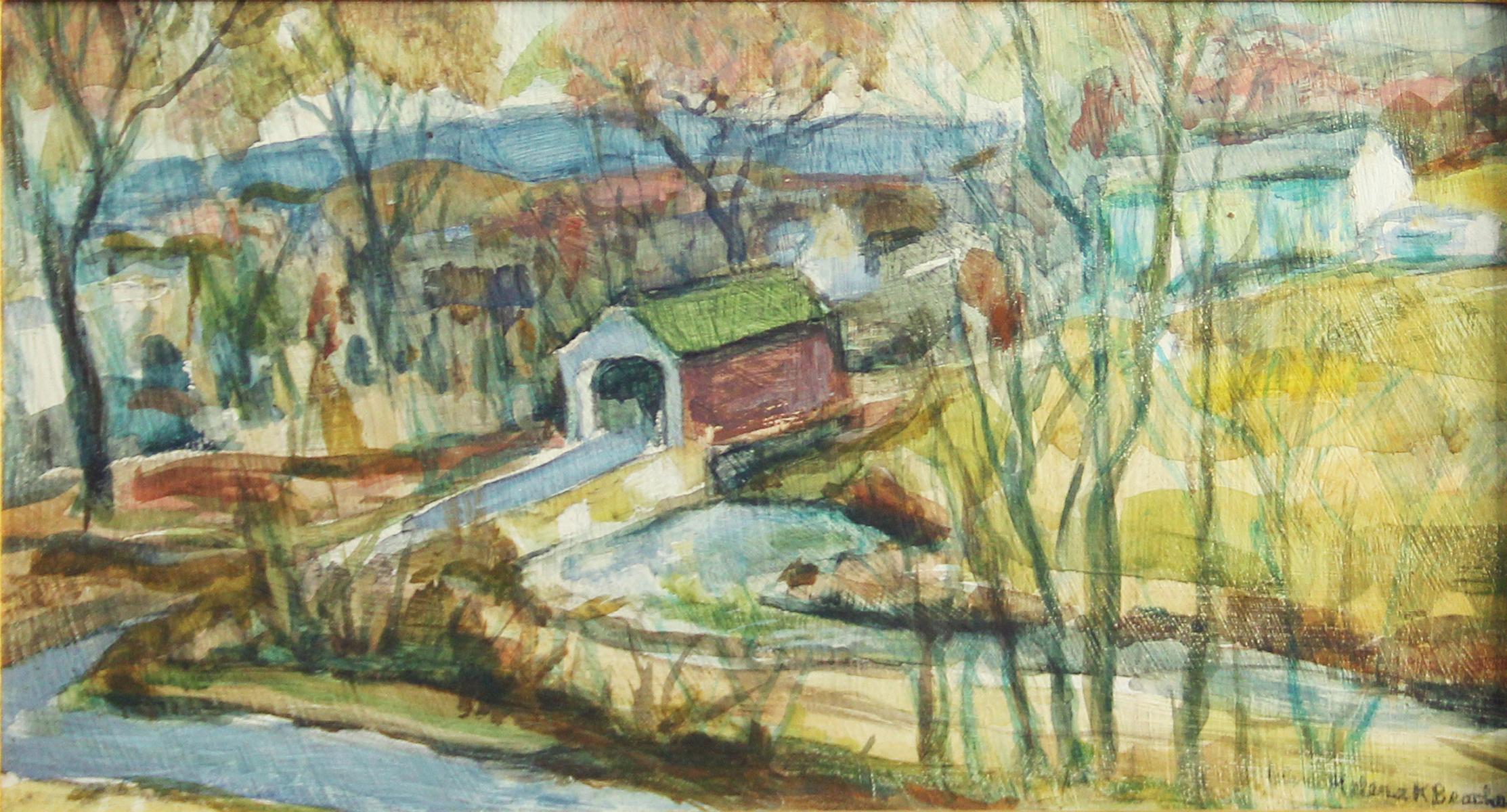 Helena Krause Beacham, Covered Bridge, Oil on Board, Signed - Painting by Helena Beacham
