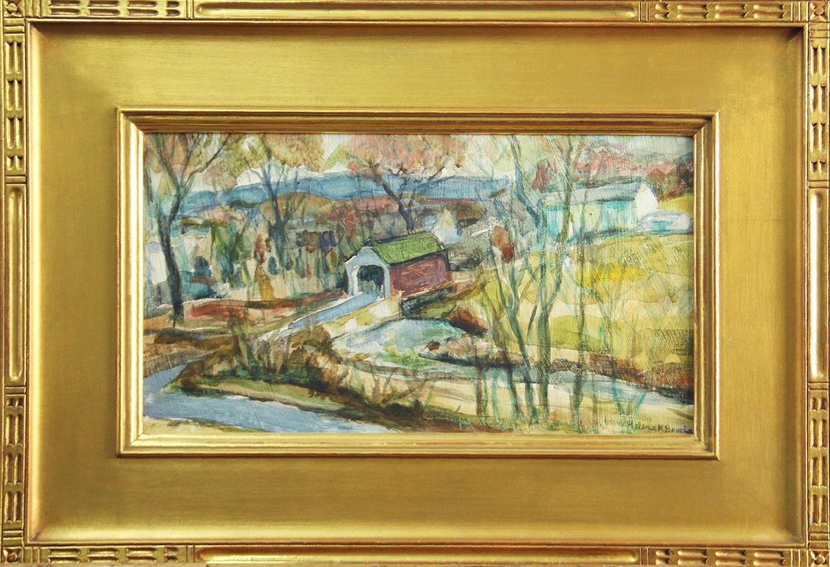 Helena Beacham Landscape Painting - Helena Krause Beacham, Covered Bridge, Oil on Board, Signed