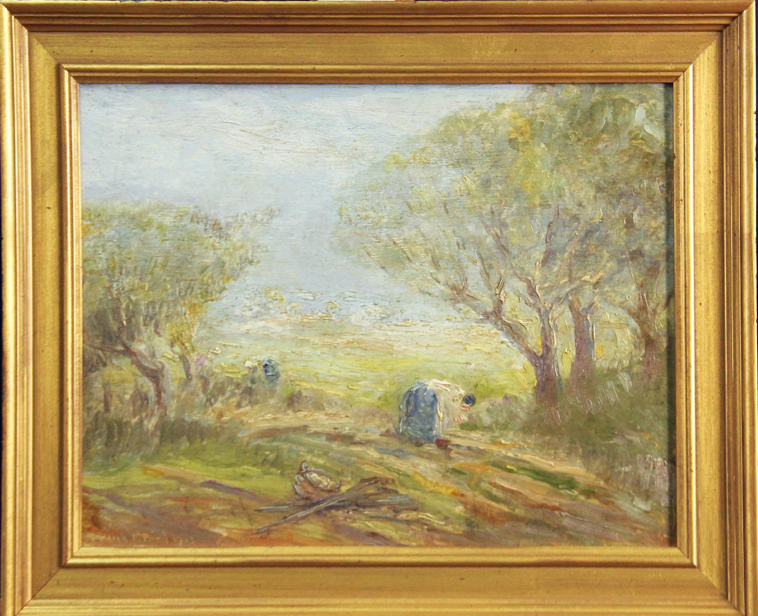 "In the Field, Spring" by Frank T. Ford is a 12" x 16" impressionist landscape painting of fieldworkers, dated 1913. It is oil on board, signed and dated "Frank T. Ford, 1913" in the lower left, and came from a private collection in Bethlehem,