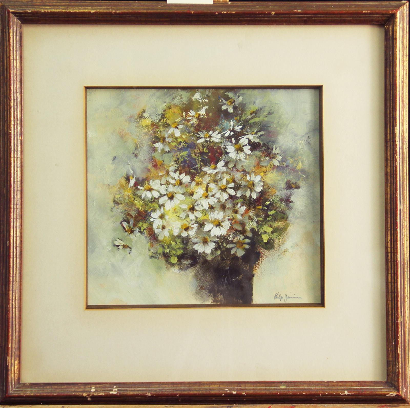 "Floral Still Life" by Phillip Duane Jamison is a 10 1/2" x 9 1/2" watercolor on paper painting. It is matted and framed, signed "Phillip Jamison" in the lower right. The painting comes from a private collection in West Chester, Pennsylvania and is